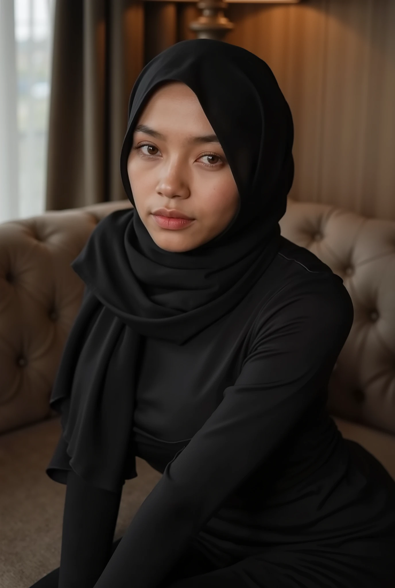 malaysian lady 18 years old, ((hijab)) wear hijab, natural, no make up, detailed on face, tight dress, very tight dress, realistic photo, serious face, model, hotel room, full body, big breast, hijab, sitting on sofa, ultra big breast, exotic skin, potrait, low light, dark, face front
