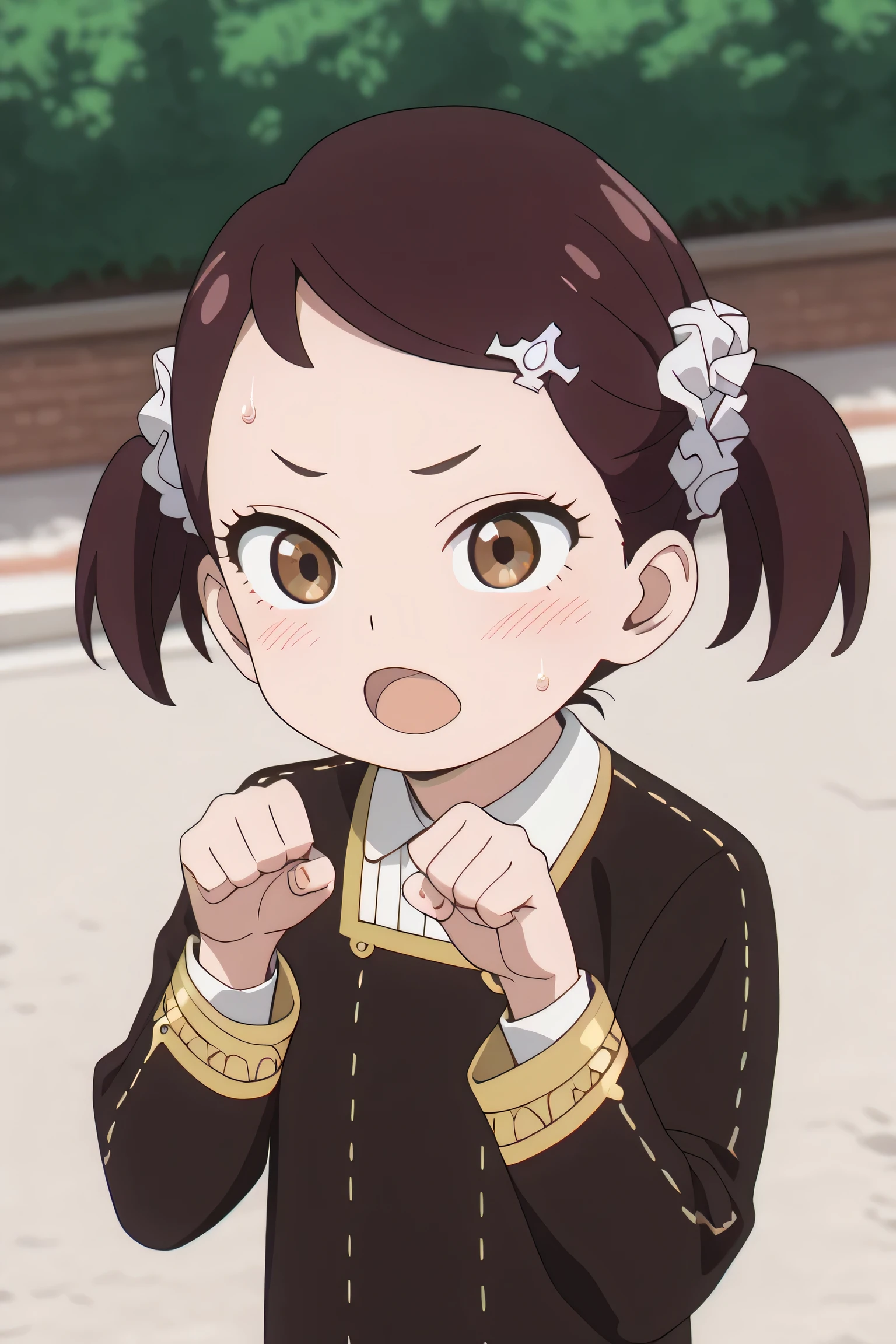 (masterpiece), Becky Blackbell, female,, brown hair, brown eyes, short pigtails, one girl, Eden Academy uniform, pigtails, open mouth, solo, blush, hair accessory, scrunchie, shirt, outdoors, sweat drops,
mesuinu, paw pose,pet play