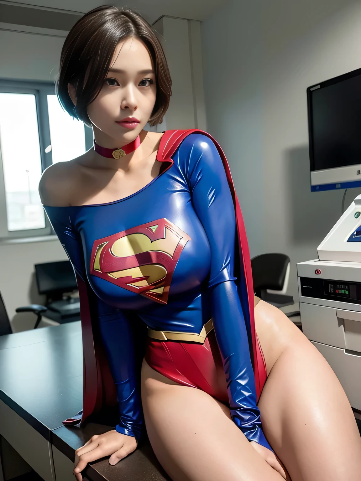 masterpiece,Supergirl Costume, short-hair, bare-legged, large full breasts,surgery room、Operating table、straddle、depraved、shiny、Looking at the camera、seduces、estrus、Positive