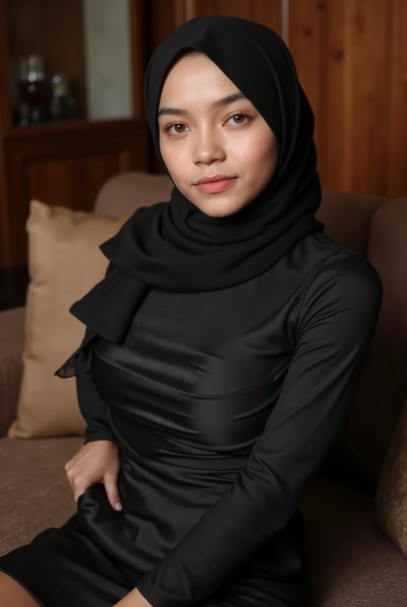 malaysian lady 18 years old, pale face, show breast,((hijab)) wear hijab, natural, no make up, detailed on face, tight dress, very tight dress, realistic photo, serious face, model, hotel room, full body, big breast, hijab, sitting on sofa, ultra big breast, exotic skin, potrait, low light, dark, face front