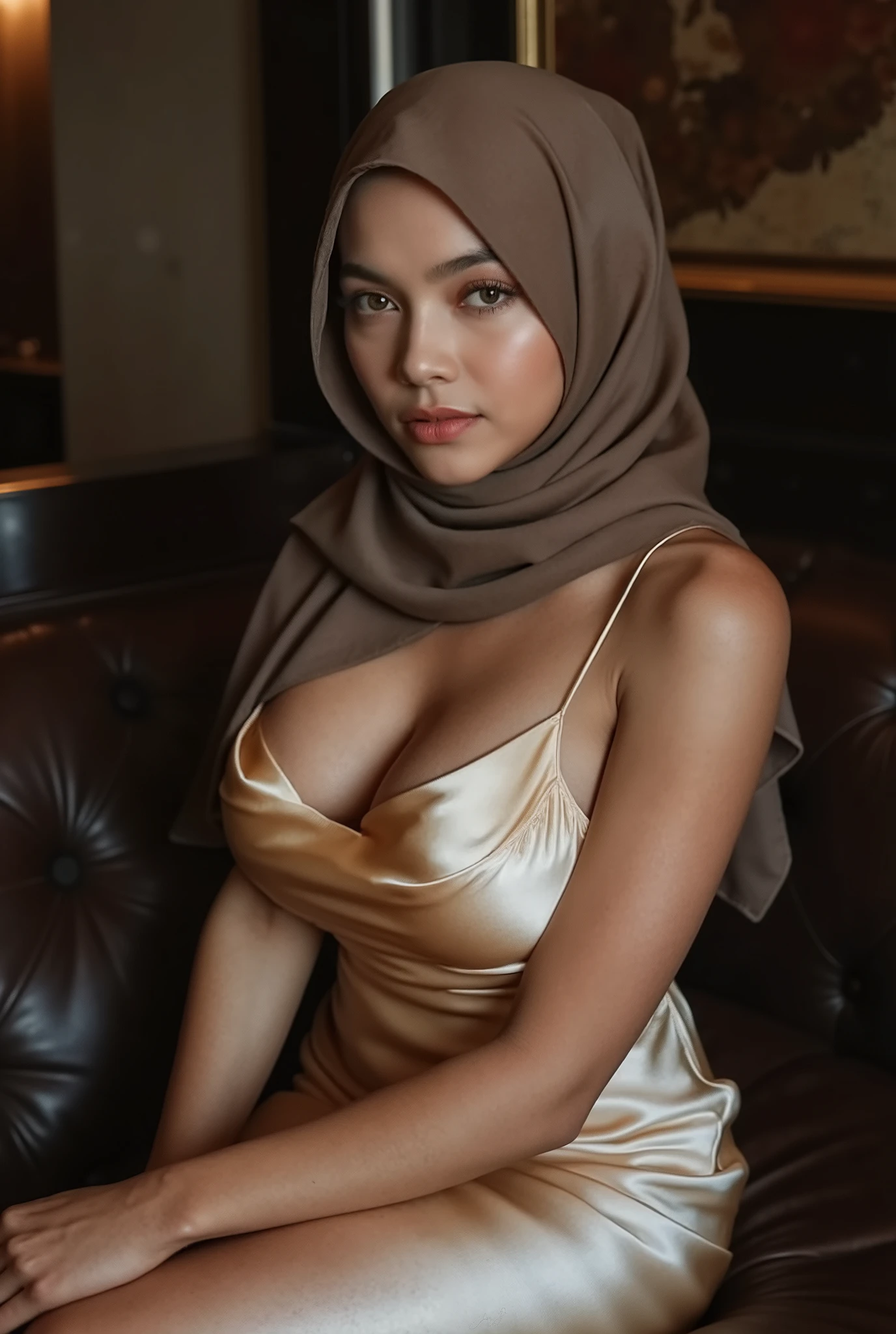 malaysian lady 18 years old, pale face, show breast,((hijab)) wear hijab, natural, no make up, detailed on face, tight dress, very tight dress, realistic photo, serious face, model, hotel room, full body, big breast, hijab, sitting on sofa, ultra big breast, exotic skin, potrait, low light, dark, face front