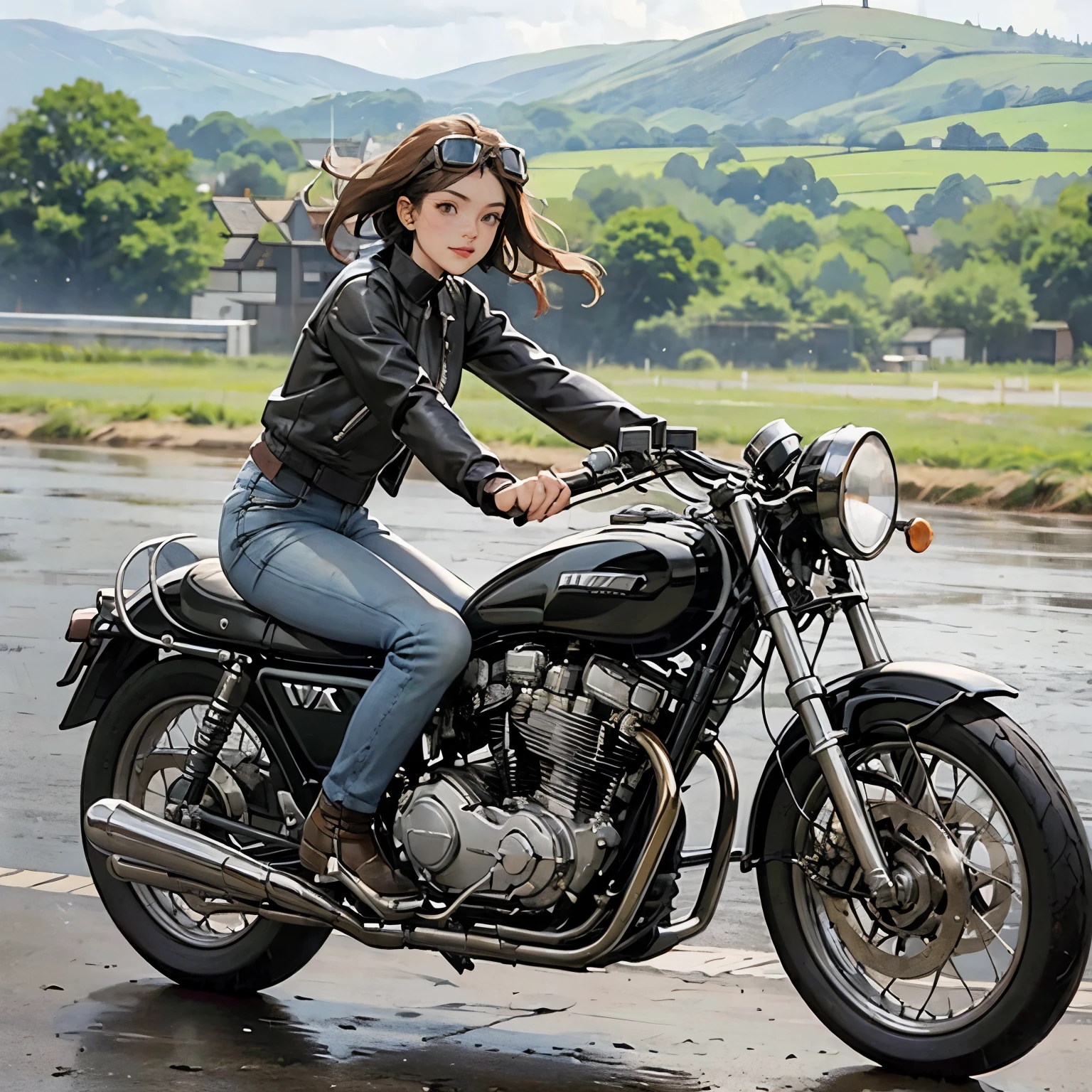 Vintage Bikes、victory、Isle of Man Races、(A young female rider speeds along on a motorcycle)、Leather jumper、Cromwell helmet with goggles、After the Rain、English countryside、