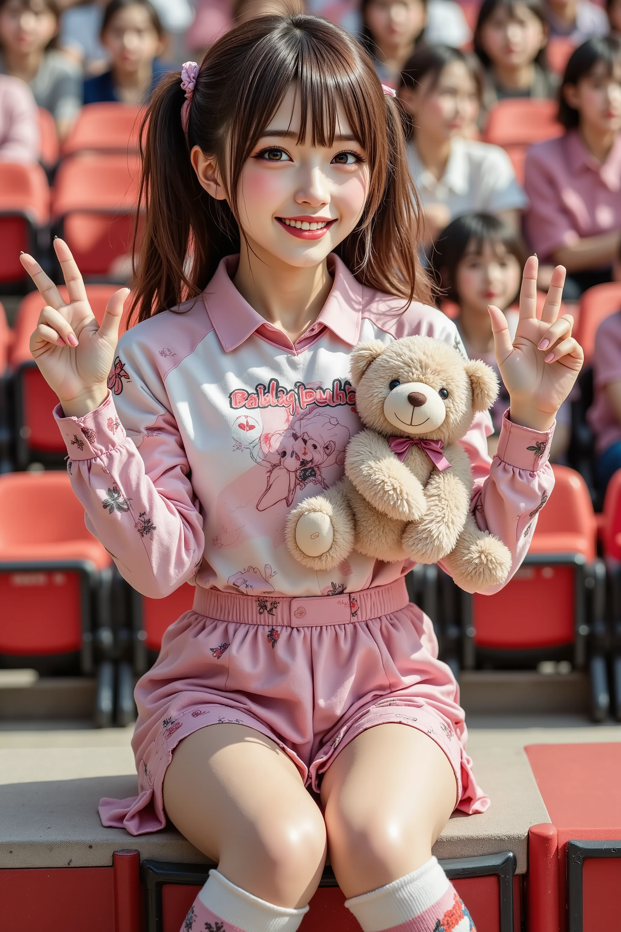 1girl, smily,full body,cheerleaders,(small teddy bear stuffed animal in both hands:1.3,hands up),jumping,stadium audience seats,(masterpiece, best quality:1.2),