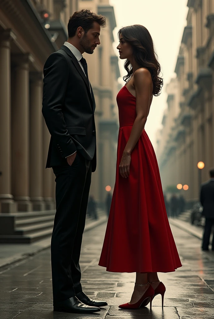 neo noir style scene with a man red tie and a woman red dress in walking down the street black and white background reds only ultra realistic 4k