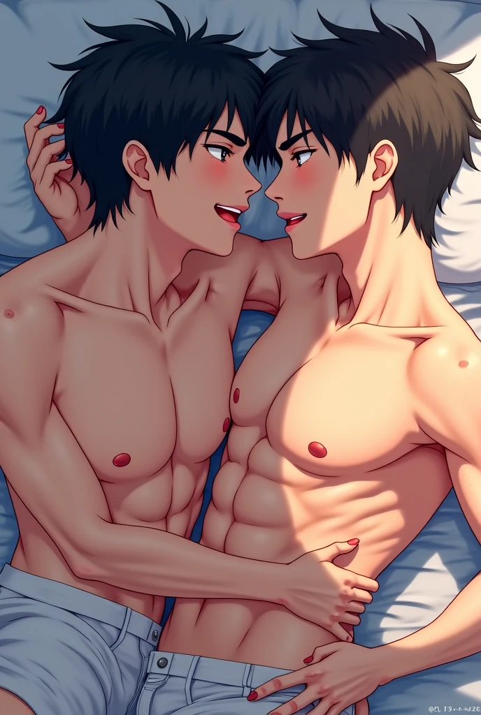 high quality, (two japanese teen boys sleeping on the bed:1.5), (detailed eyes), (black short hair), (muscle:1.5), naked, (dark wet skin), (detailed puffy nipples:1.1), (boy's face Focus), black briefs, bulge,