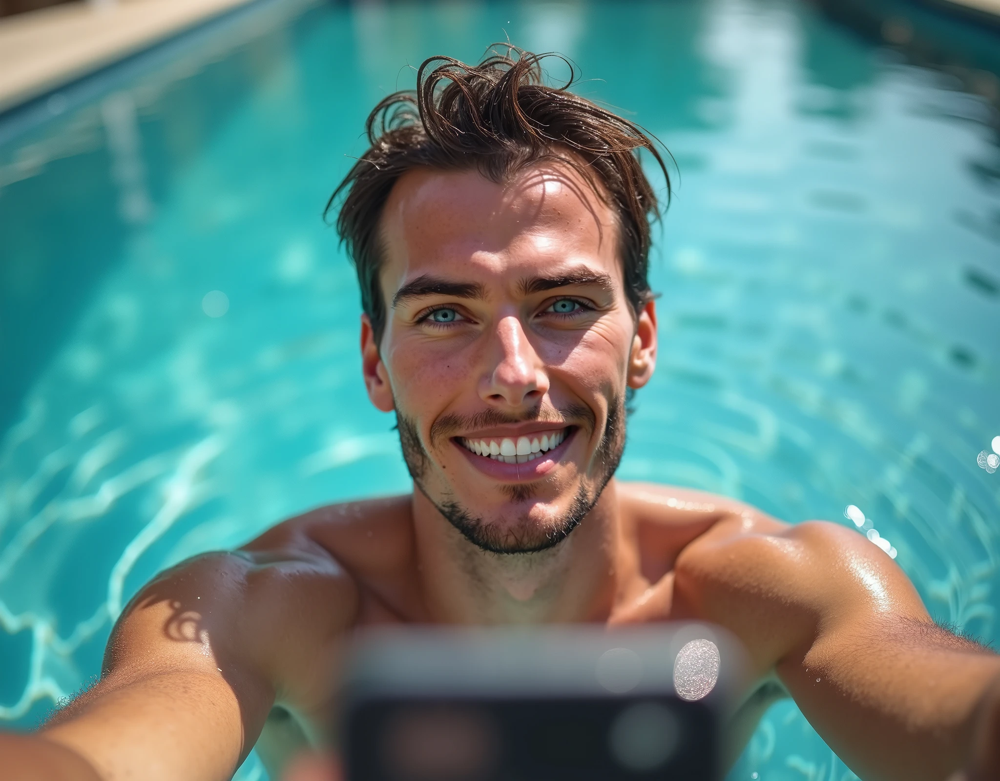 buff dude in pool party selfie
