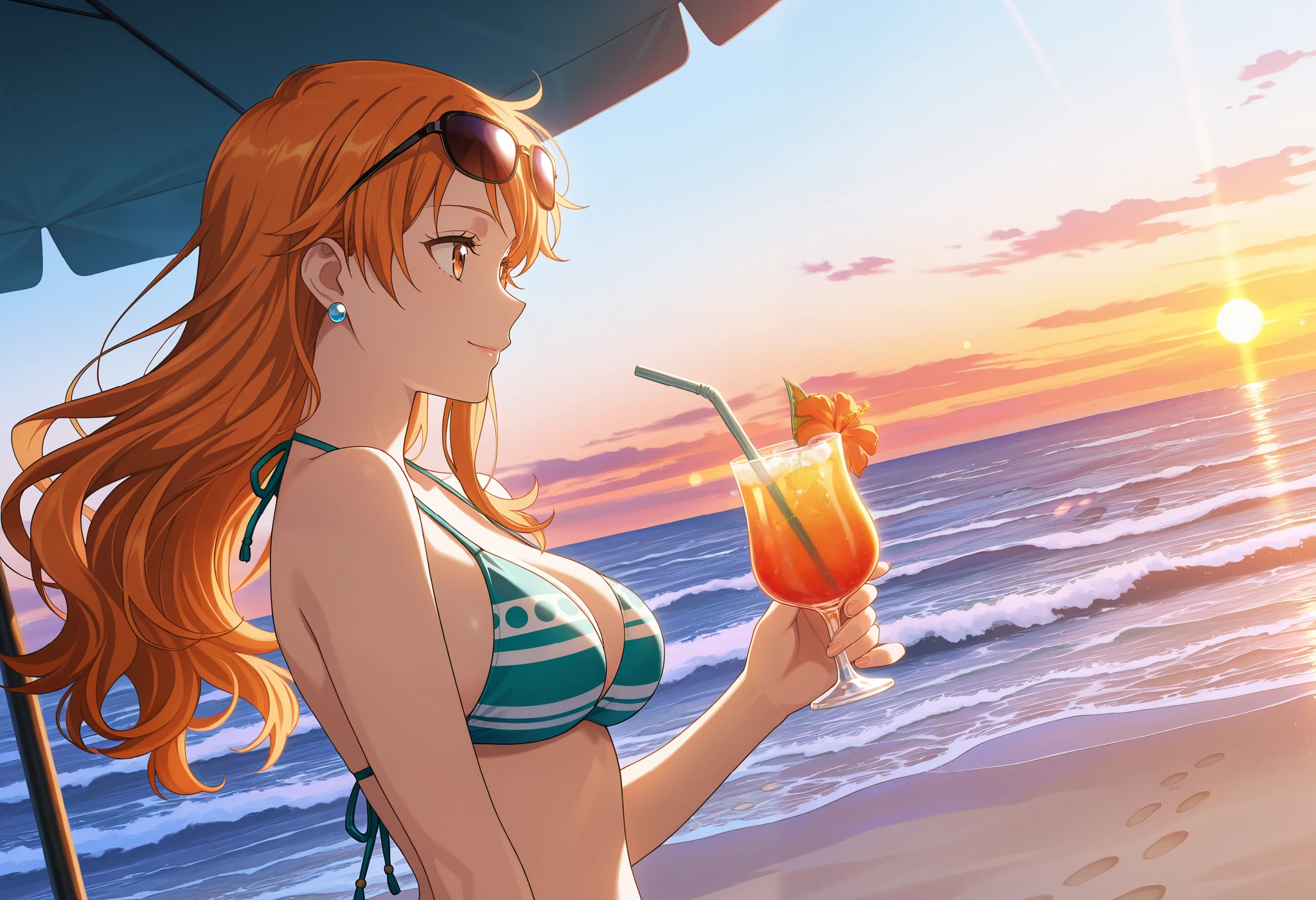 A portrait of a beautiful girl with red twin-tailed hair in a swimsuit The girl is 16 years old.Beautiful and cute face,Red hair in twin tails,Red eyes,Very cute smile,She is wearing a sexy white bikini-type swimsuit.Her breasts are slightly larger and she has a beautiful cleavage.(With a luxurious tropical juice in one hand:1.5),It seduces the viewer with its peering eyes.She invites me to have a tropical juice,Everlasting summer The background of the private beach and the beauty of the waves stand out.The luster and moisture of a girl's beautiful skin,The beauty, texture and shine of hair,The beautiful texture and wrinkles of the bikini .Bust Shot,(High quality, high definition, masterpiece, best quality, 4k, 8k:1.5).Ultra detail,Ultra-fine painting,Physically based rendering, cinematic lighting, professional photography,(nsfw:1.2)