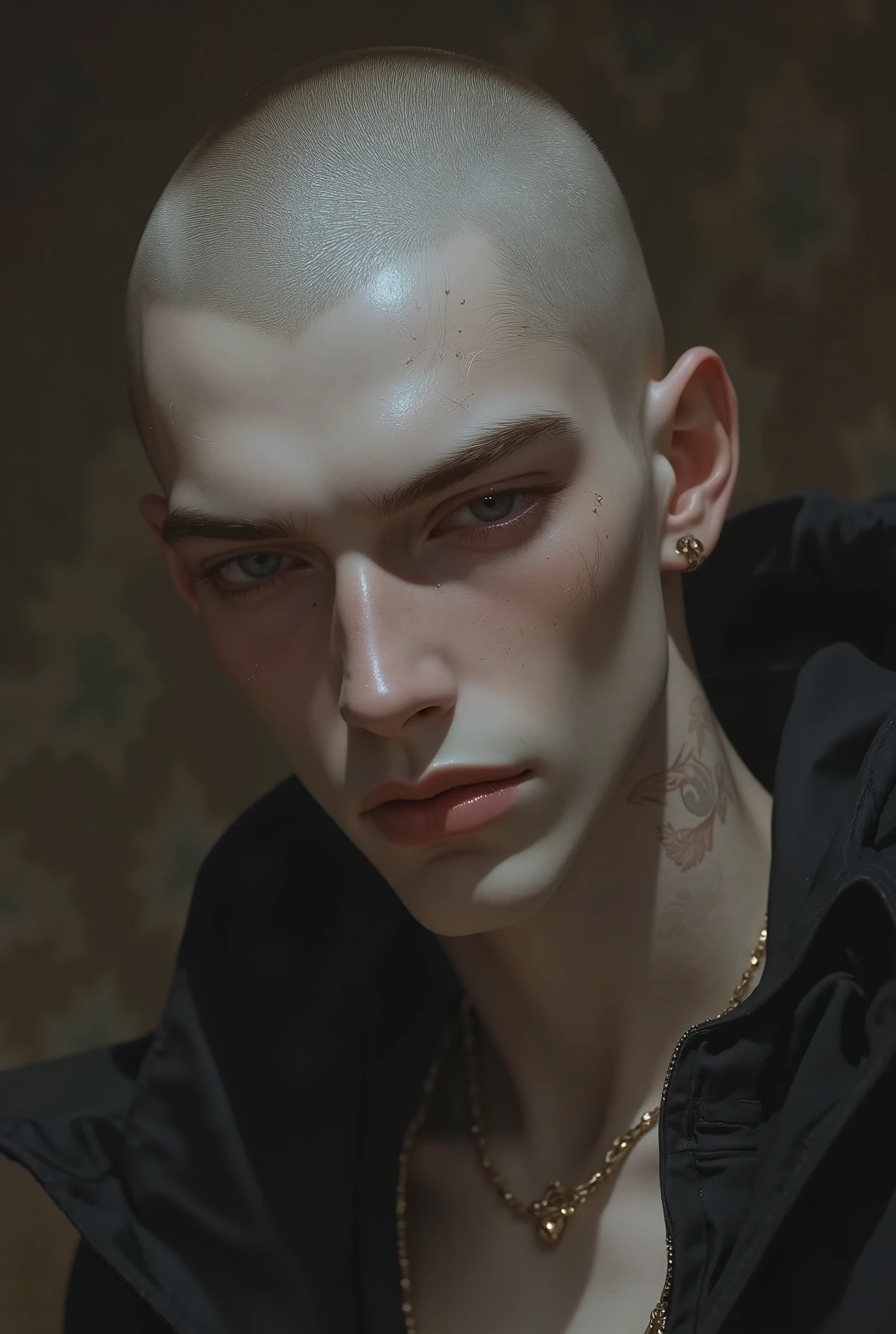 (8k, RAW photo, best quality, masterpiece:1.2), (realistic, photo-realistic:1.37), ultra-detailed, (high detailed skin:1.2), 8k uhd, dslr, soft lighting, high quality, film grain, Fujifilm XT3, professional lighting, handsome 1man , (thin lips:1.3), masterpiece, pale skin, gray eyes, blond, shaved head,(strong jaw:1), brutal,