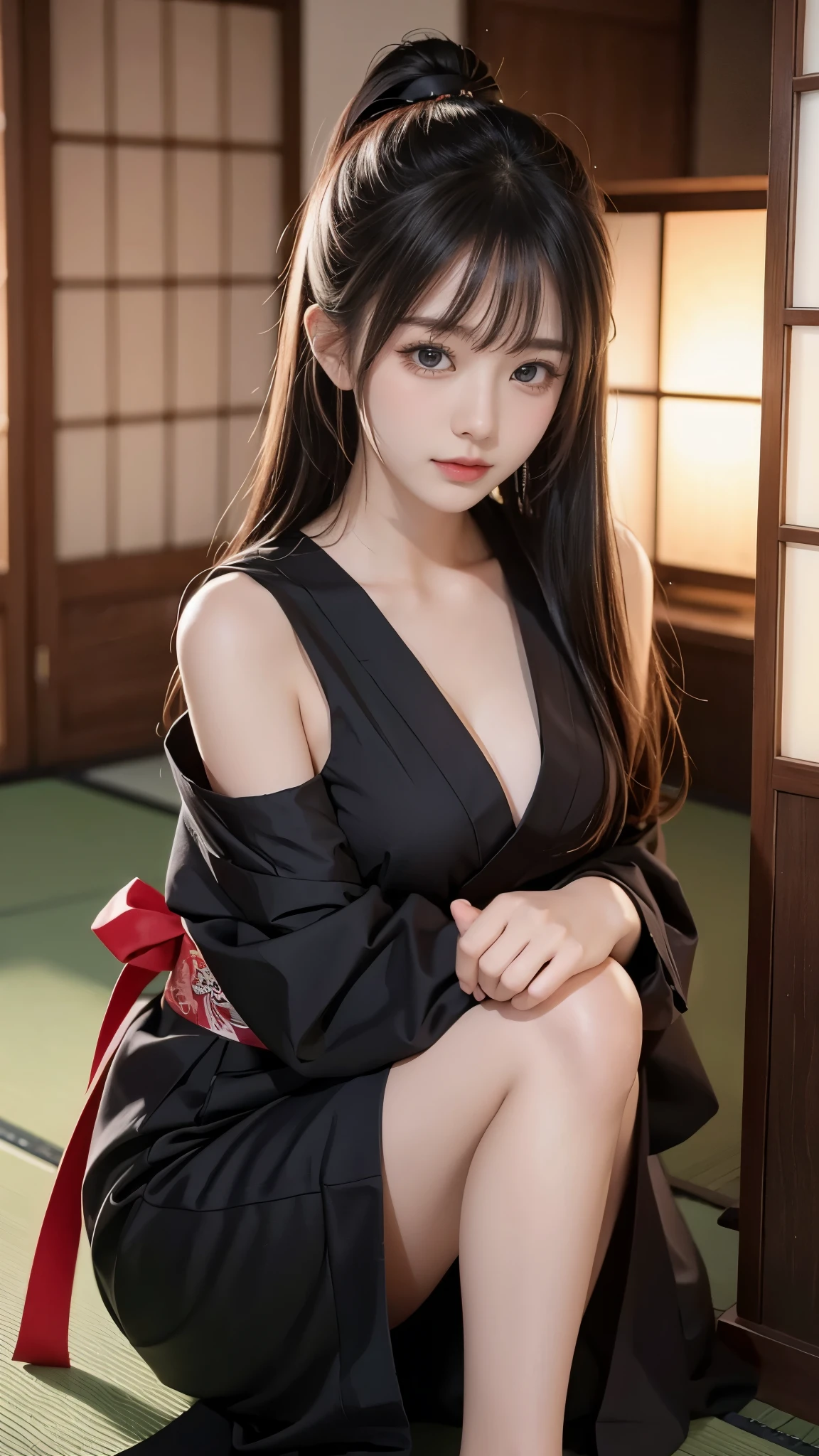 Beautiful Japanese Ninja Girl 、-teete Japanese idol、do not' Doesn't Look Korean 、There are no Korean characteristics 、Unlike the Chinese、 No Chinese character 、 Live Action 、 film art style, Cinematic Light , Lomography 、 short wolf cut hair 、 Athletes、I'm training and I'Meter thin、( sexy smile)、 very big breasts、 saggy breasts、nsfw、Immerse yourself in a world of lust and lasciviousness、 Very Tight Tiny Tube Tops 、 slender body line、 sexy model pose with legs spread out、 female ninja in quest、Japanese Naginata、autumn leaves、Ninja costumes 、Protected by scaly metal strips 。、 Assassin、( detailed hands:1.3、 perfect right hand:1.2)、 top quality、8k、 RAW photos 、 super high heels、 reality、 Masterpiece、( perfect anatomy:1.2)、 thin legs、 beautiful feet