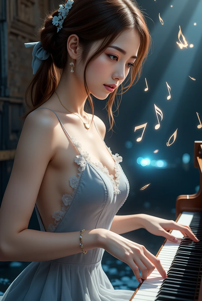 A woman in a white dress plays the piano in front of the river, Guviz-style artwork, Guviz, By Li Song, by Yang J, author:Wang Lei, 8K high quality detailed art, trending on cgstation, yanjun cheng, Beautiful digital artwork, guweiz masterpiece, Artgerm et WLOP