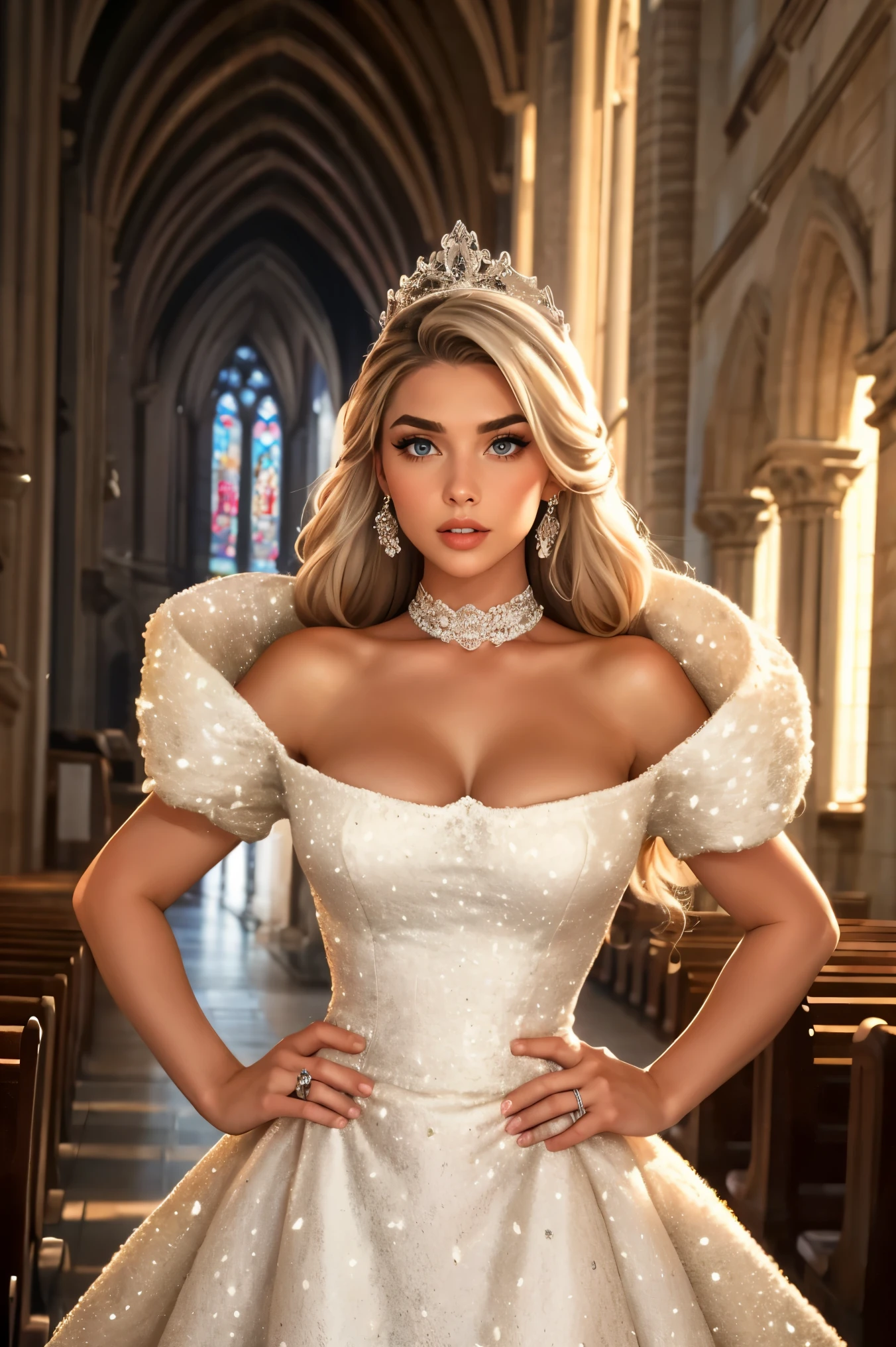 adult beautiful woman, (Emily Sears:1.2), high quality, best quality, highres, blue eyes, high detail platinum blonde hair, (haute couture), wedding ballgown, white dress, short sleeves, standing, cleavage, tiara, (cathedral, ornate), ((rim lighting)) (shadows) hand on hip,