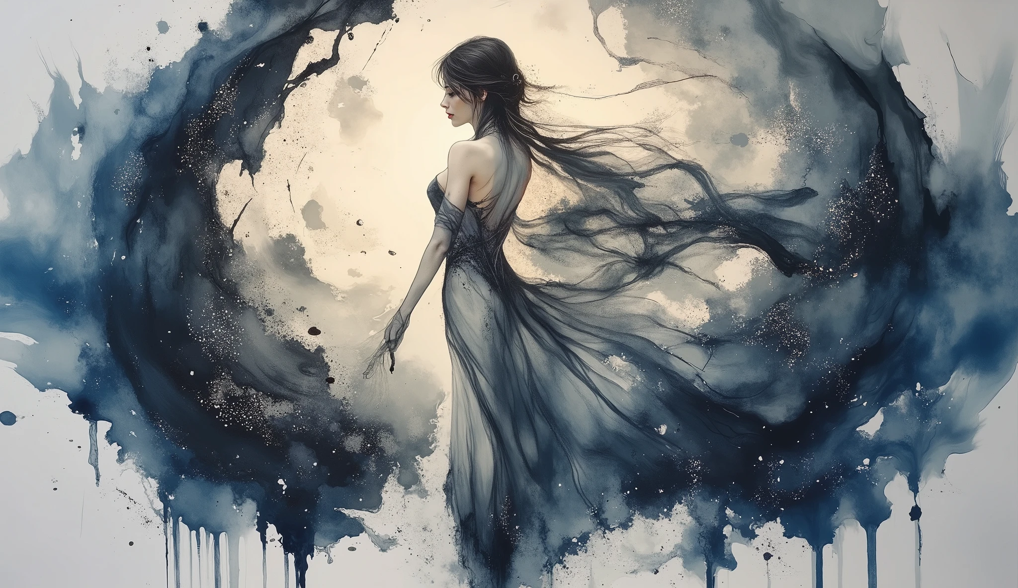A luminous, otherworldly female figure, draped in a flowing, diaphanous gown with an intricate, adorned with mesmerizing zentangle doodles, stands poised at the center, radiating an aura of balance amidst the turmoil. Her delicate form is bathed in a soft, ethereal glow, as if illuminated by the gentle light of a thousand celestial bodies. The backdrop features a breathtaking, swirling vortex, evoking the melting, dreamlike quality of oil on canvas, with bold, vibrant brushstrokes and a predominantly matte finish. Inspired by the surrealist masterpieces of Salvador Dali, H.R. Giger, and Zdzisław Beksiński, the artwork blends the paradoxical harmony of chaos and order, inviting the viewer to step into the realm of the surreal, with an eerie, mystical atmosphere, reminiscent of a moonlit, nocturnal dreamscape.