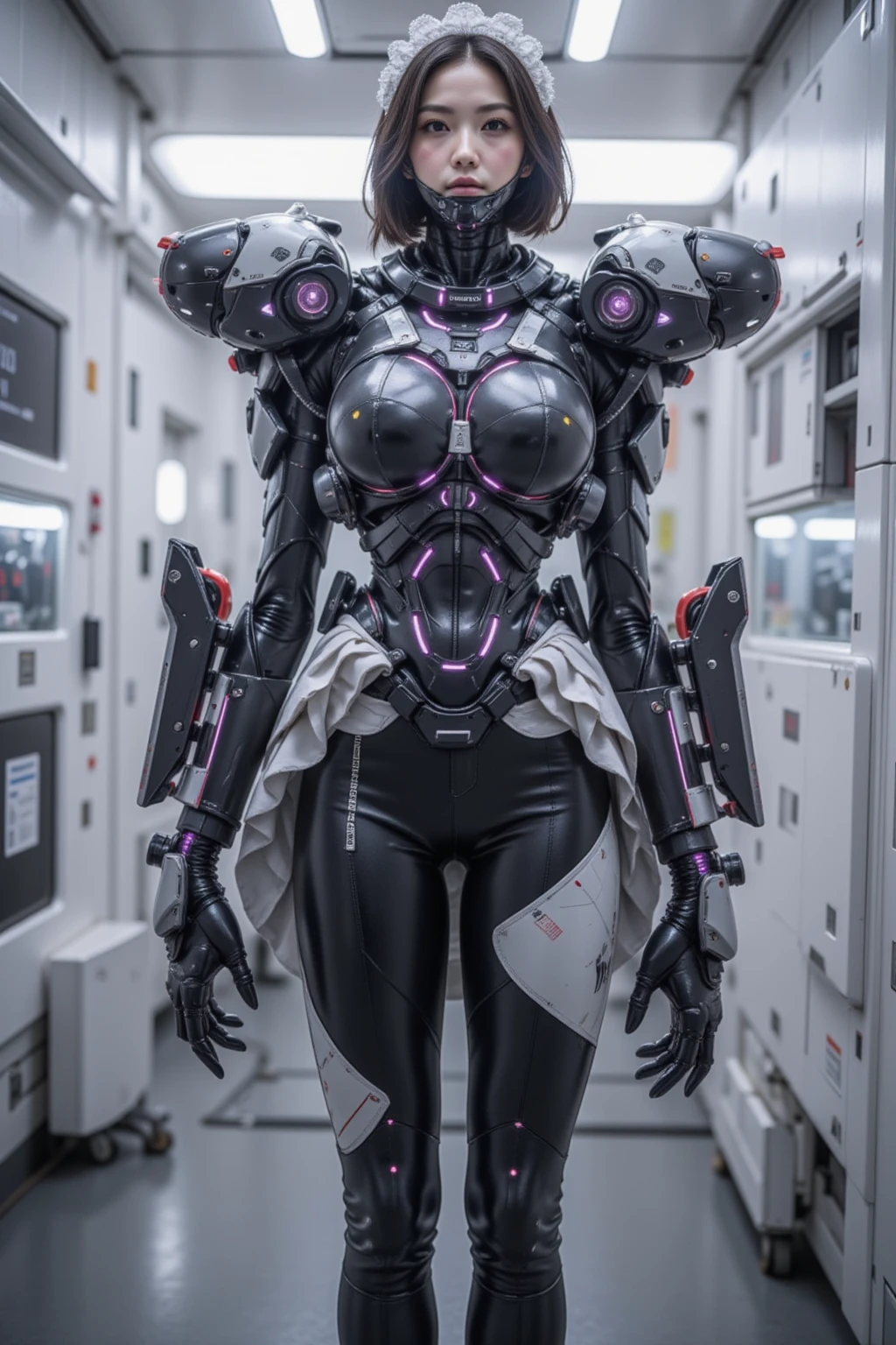 a woman in a futuristic suit walking down a hallway, biopunk futuristic wardrobe, wearing futuristic clothing, futuristic outfit, Futuristic clothing, cyborg fashion model, science fiction suit, cyber suit, sci fi futuristic costume, futuristic outfit, futuristic cyber clothing, science fiction suit, fashionable futuristic woman, in white futuristic armor, futuristic clothing and helmet, futuristic fashion, futuristic tech wear