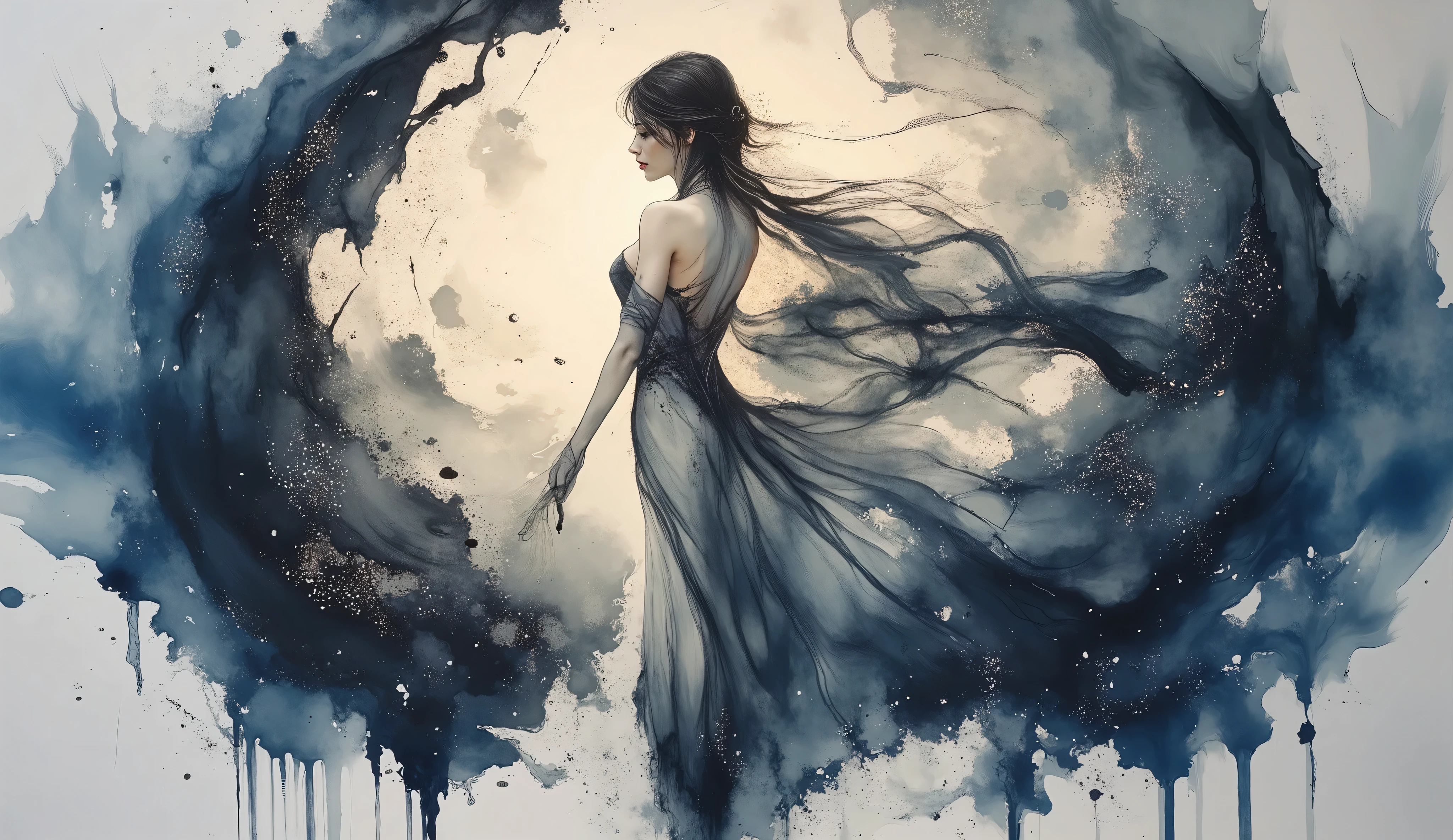  A luminous, otherworldly female figure, draped in a flowing, diaphanous gown with an intricate, adorned with mesmerizing zentangle doodles, stands poised at the center, radiating an aura of balance amidst the turmoil. Her delicate form is bathed in a soft, ethereal glow, as if illuminated by the gentle light of a thousand celestial bodies. The backdrop features a breathtaking, swirling vortex, evoking the melting, dreamlike quality of oil on canvas, with bold, vibrant brushstrokes and a predominantly matte finish. Inspired by the surrealist masterpieces of Salvador Dali, H.R. Giger, and Zdzisław Beksiński, the artwork blends the paradoxical harmony of chaos and order, inviting the viewer to step into the realm of the surreal, with an eerie, mystical atmosphere, reminiscent of a moonlit, nocturnal dreamscape.