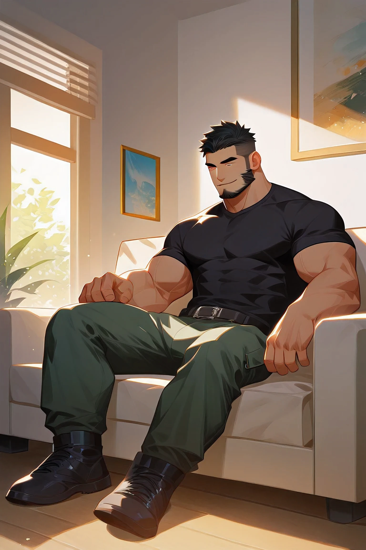 by zelo-lee,male focus,bara,foreshortening,black hair,short hair,facial hair, beard,undercut,muscular male,muscular,black shirt,pectorals,black t-shirt,pants,green pants,cargo pants,large pectorals,smile,1boy,solo,beard,black hair,sitting,mature male,indoors,sideburns,window,belt,sunlight,sidepec,couch,best aesthetic,absurdres,year 2023,full body,digital artwork,illustrative,painterly,matte painting,highly detailed