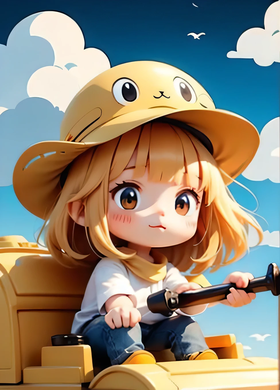 cute comic, 1 magica holding weapon, motor vehicle, tank, cat, hat, yellow, bangs, no nose, blush, cloud, sky