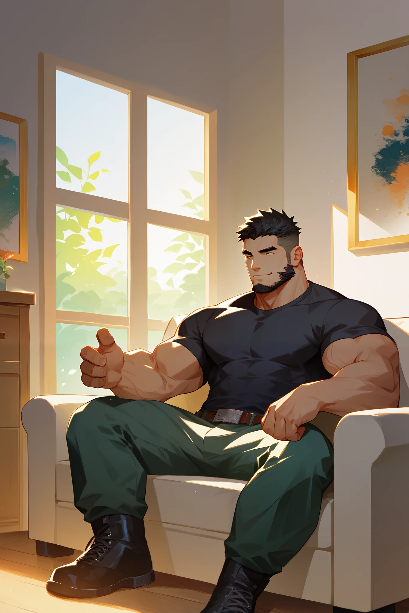by zelo-lee,male focus,bara,foreshortening,black hair,short hair,facial hair, beard,undercut,muscular male,muscular,black shirt,pectorals,black t-shirt,pants,green pants,cargo pants,large pectorals,smile,1boy,solo,beard,black hair,sitting,mature male,indoors,sideburns,window,belt,sunlight,sidepec,couch,best aesthetic,absurdres,year 2023,full body,digital artwork,illustrative,painterly,matte painting,highly detailed