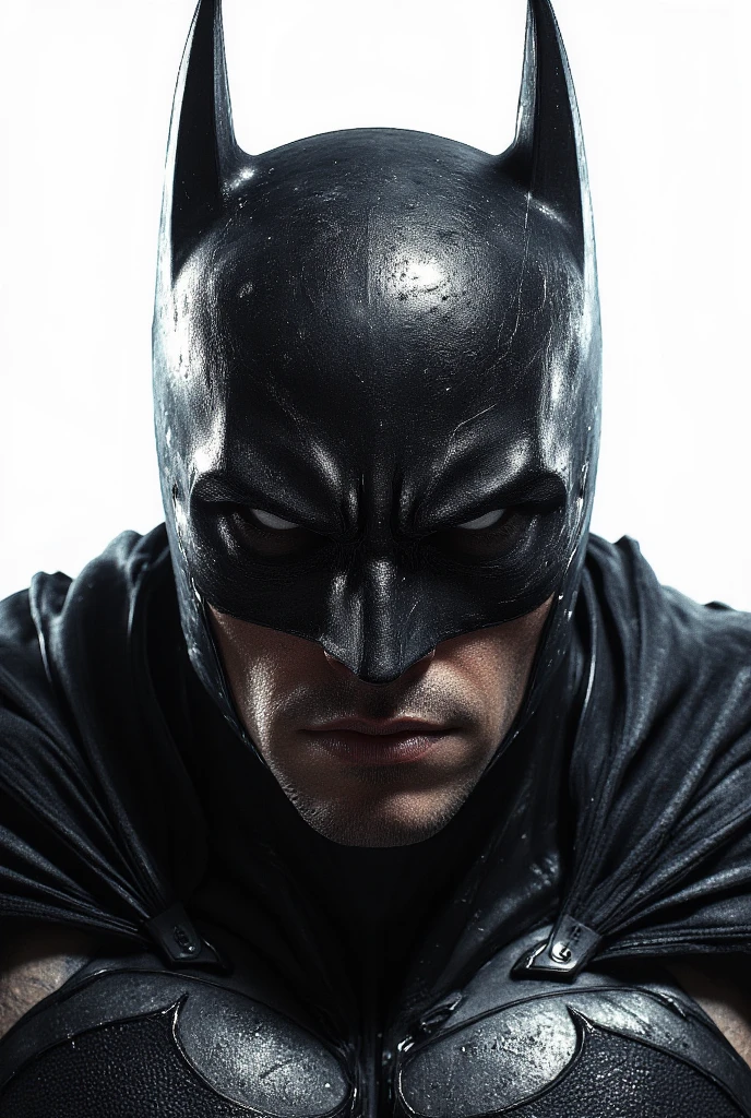 "A hyper-realistic and intimidating portrait of Batman, the iconic DC Comics hero, close-up staring in an intense and determined way, exuding justice and vigilance. He is muscular and physically imposing, wearing his black cowl, rugged and tactical, the mask intricately detailed with sharp bat ears and a stern expression. His face is strong, battle-hardened, and shadowed, exhibiting a life of relentless combat and dedication. His intense eyes radiate a sense of determination and unwavering resolve. His pale skin contrasts with the dark cowl, highlighting his physical resilience and rigorous training. The background is plain white, with dramatic high-contrast lighting that accentuates the intricate textures of his mask, scars, and skin. Strategic and heroic persona."

