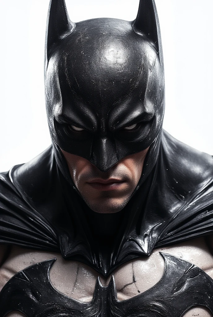 "A hyper-realistic and intimidating portrait of Batman, the iconic DC Comics hero, close-up staring in an intense and determined way, exuding justice and vigilance. He is muscular and physically imposing, wearing his black cowl, rugged and tactical, the mask intricately detailed with sharp bat ears and a stern expression. His face is strong, battle-hardened, and shadowed, exhibiting a life of relentless combat and dedication. His intense eyes radiate a sense of determination and unwavering resolve. His pale skin contrasts with the dark cowl, highlighting his physical resilience and rigorous training. The background is plain white, with dramatic high-contrast lighting that accentuates the intricate textures of his mask, scars, and skin. Strategic and heroic persona."

