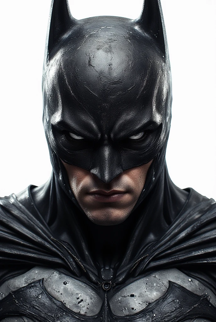 "A hyper-realistic and intimidating portrait of Batman, the iconic DC Comics hero, close-up staring in an intense and determined way, exuding justice and vigilance. He is muscular and physically imposing, wearing his black cowl, rugged and tactical, the mask intricately detailed with sharp bat ears and a stern expression. His face is strong, battle-hardened, and shadowed, exhibiting a life of relentless combat and dedication. His intense eyes radiate a sense of determination and unwavering resolve. His pale skin contrasts with the dark cowl, highlighting his physical resilience and rigorous training. The background is plain white, with dramatic high-contrast lighting that accentuates the intricate textures of his mask, scars, and skin. Strategic and heroic persona."


