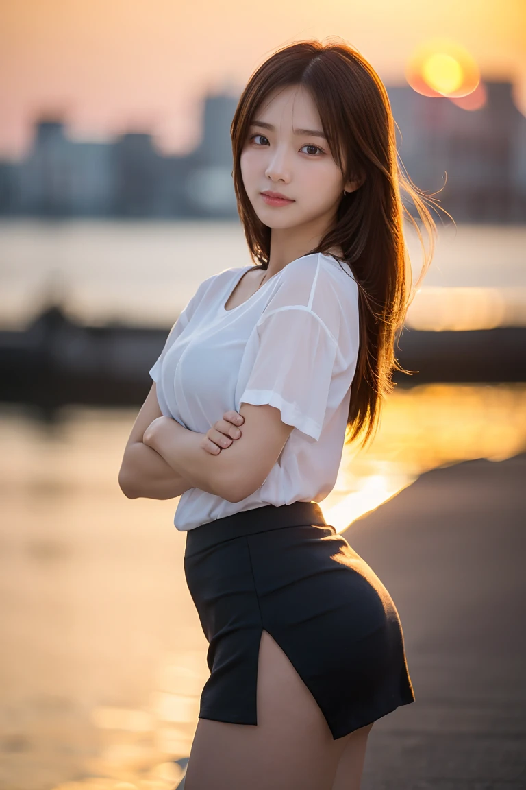 best quality, ultra-detailed, an extremely delicate and beautiful, depth of field, ultra high res, (photorealistic:1.4), 1 milf, long hair, casual wear, cute, lakeside, (night:1.5)