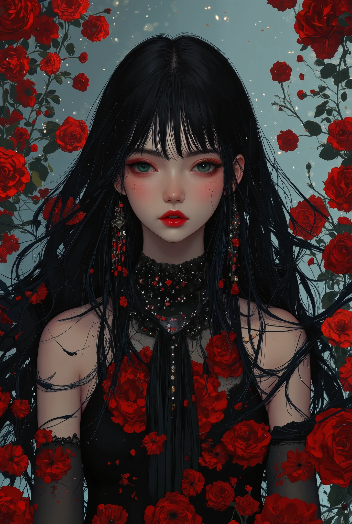 Masterpiece:1.2),( best quality ),( very detailed),( best illustrations),8k,,16k,wallpaper, beautiful woman with sweat on her face, gothic fashion ,whole body,(I'm taking a walk along the road where countless black roses bloomed:2.0), vector art,( upper body up:2.0), A Day With My Gothic Girlfriend