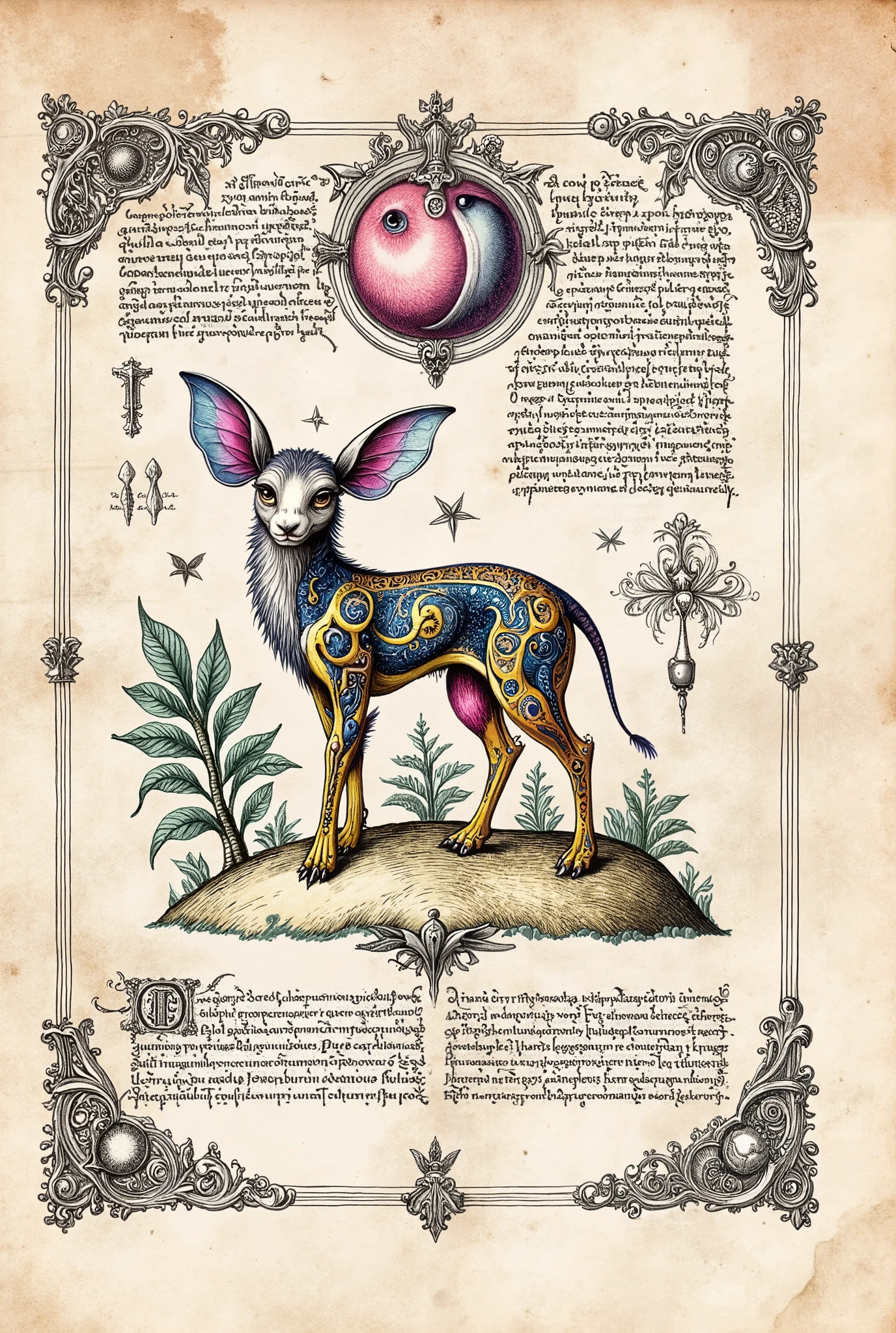 Mediaeval style artwork, colorful ink pen linework, ((textbook manuscript page)) of labelled anatomical drawing of ((mythical fae woodland creature))