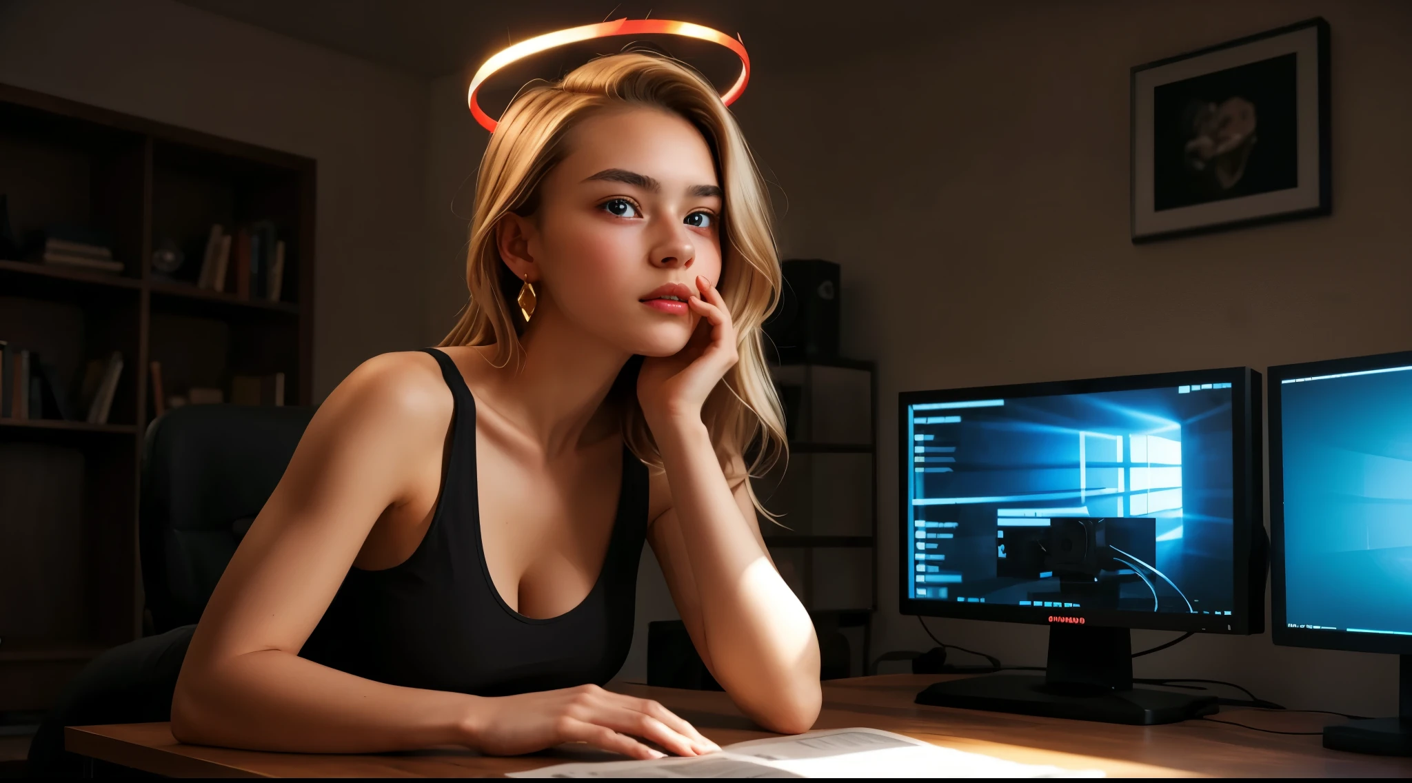 girl with red halo, BREAK, girl, chin up, finger on lips, black tank top, (, cute:1.8), (large breasts:1.2), clavicles, long straight hair, (blonde hair:brown hair), red halo, looking at viewer, red eyes, red_eyeliner, statement diamond-shaped gold earring, indoors, dim light, working room, monitor on desk, warm light source,