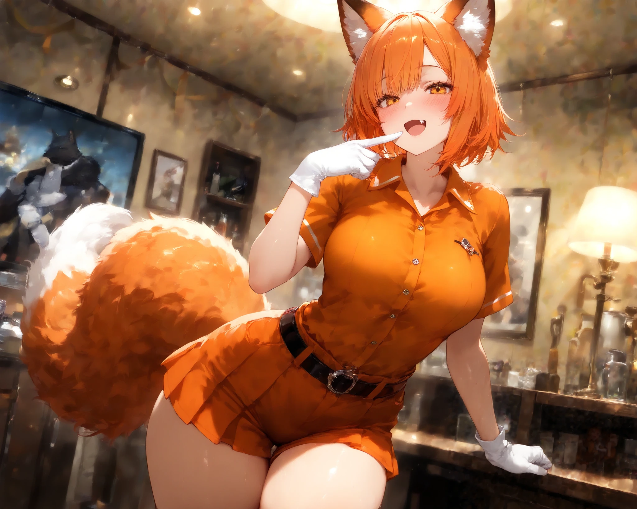 [furry girl:0.5], open mouth, finger to mouth, A happy expression, fake animal ears, ear fluffy, fake animal bright orange tail, bright orange eyes, bright orange hair, short hair, wolf cut hair, fang, very cute face, cute fox girl, solo, medium breasts, bright orange collared shirt, best, Fluffy Culottes, belt, fox shaped A buckle, white gloves, blush, curvy beauty, flawless smooth skin, indoors, living, raw, (best quality,4k,8k,highres,masterpiece:1.2),ultra-detailed,intricate details, high fashion, dramatic lighting, warm colors, chiaroscuro