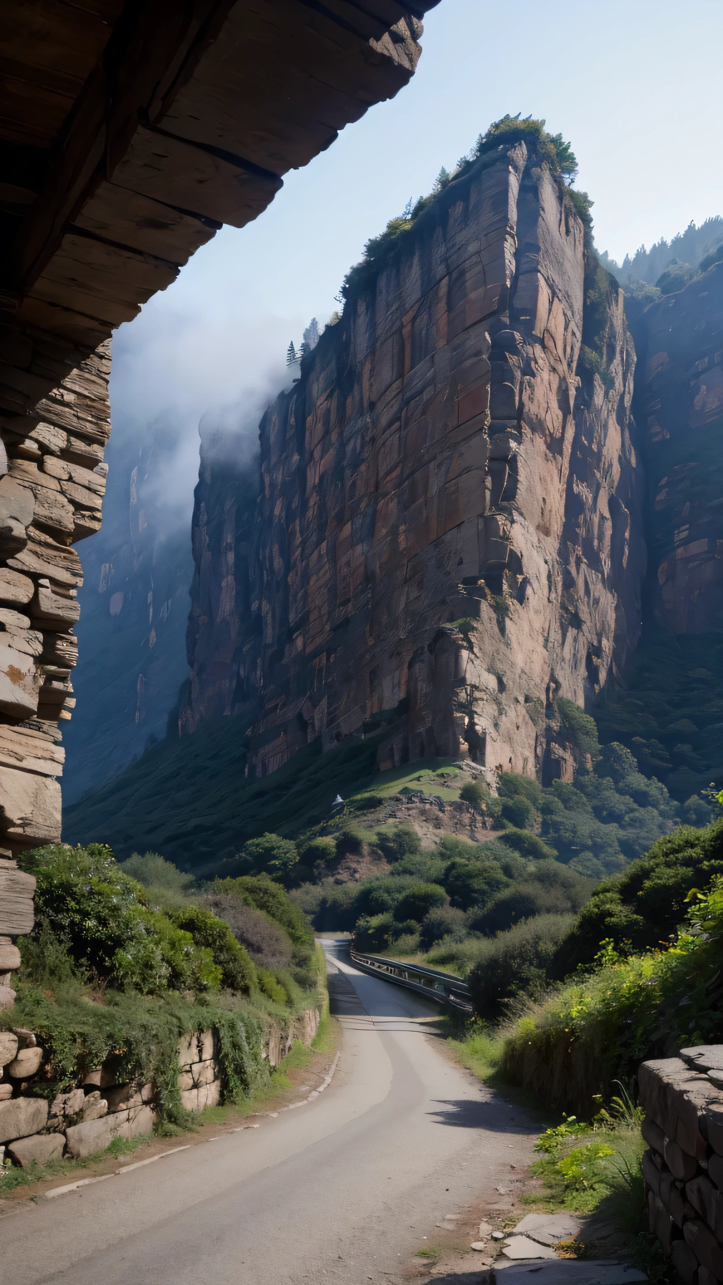 In high quality,( Photorealistic 8k RAW Photos ),Ruins on the Cliff 、 stones and steep valleys , tree々 with many small stone houses built on steep slopes {x}, Petra Ruins , ( not human), high resolution , Realism, ( Masterpiece), ( highest quality ), very detailed, perfect masonry , high resolution , sharp, by whisperingfornothing , Ruins, tree々 in fog ,
