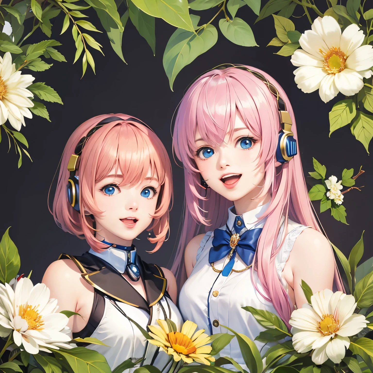 Megurine Luka, Hi-Res, floral background , look, blushes, smiles, open your mouth, top quality, headphones