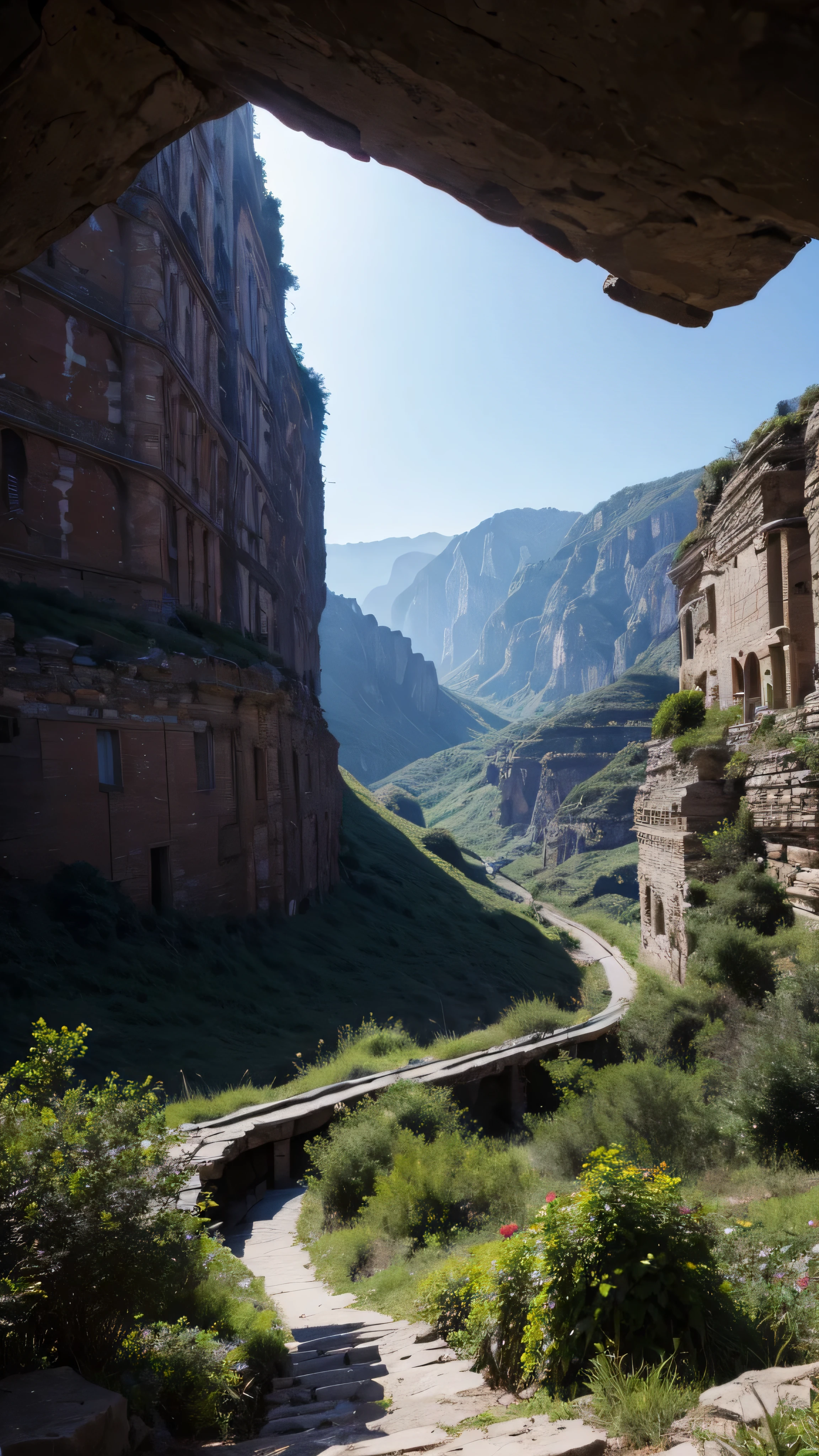In high quality,( Photorealistic 8k RAW Photos ),Ruins on the Cliff 、 stones and steep valleys , tree々 with many small stone houses built on steep slopes {x}, Petra Ruins , ( not human), high resolution , Realism, ( Masterpiece), ( highest quality ), very detailed, perfect masonry , high resolution , sharp, by whisperingfornothing , Ruins, tree々 in fog ,