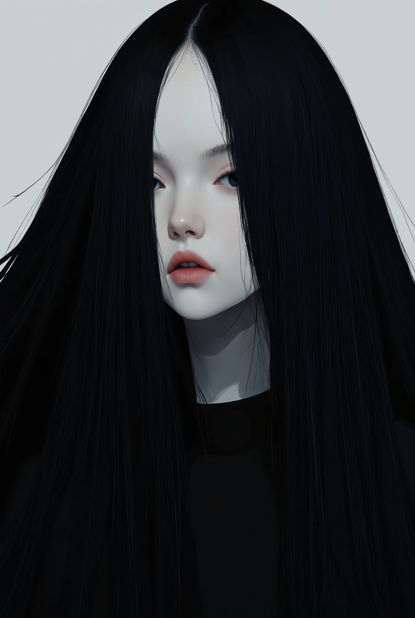 white girl with black hair from head to toe full body.