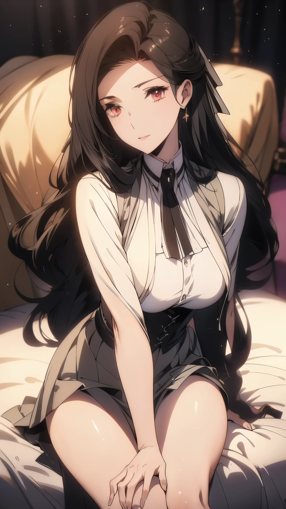 Rift, Big breasts部, Jewelry, Rich, Elegant, Attractive, 16K, nffsw, nffsw,  General Thunderbolt,  top quality,  masterpiece. (Cinematic digital art: 1.3),  high quality,  masterpiece, Highest quality,  Super Details, illustration, [4k digital art]、  When I Drool , (  sharp focus : 1.5), (Dim lighting :1.2), Depth of Field, Bokeh, 4K 、( masterpiece:1.3),   high resolution ,  Super Fine,  Extremely fine CG Unity 8K wallpaper,  actual , Realism,  original photo of the bedroom,  Beautiful Detailed Face , pale, Realistic Glowing Skin ,  Detailed Cloth Texture , Detailed hair textures,  Perfect Fit,  beautiful face, Acura,  anatomically correct,  Highly detailed facial and skin texture , Natural neck length, ( Beautiful Hands ), ( fair skin:1.2), Thin legs, Thin feet, Detailed Characters、A detailed face、 detailed background ,Big breasts,Vest shirt , skirt，Smile， looking at the camera,