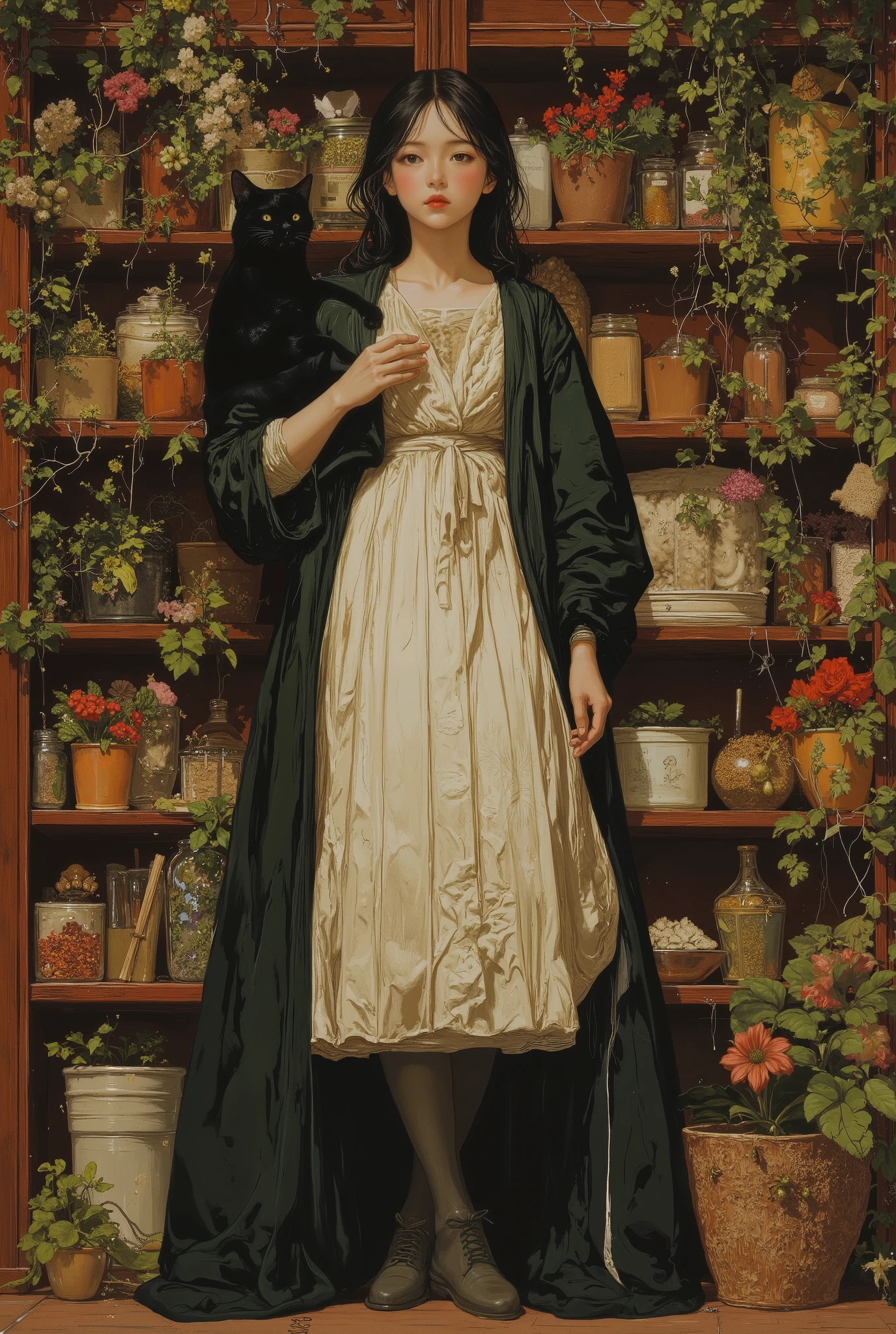 ((fullbody))in jc leyendecker and paul cadmus art style, "the healer", fullbody, close up black cat, perfect anatomy, the merchant, shelves with HERBS, FRUITS, LITTLE BOXES, VEGETABLES, GRAINS, DUMBBELLS , reach intricate background LARGE WINDOWS TO SEE THE GARDEN, realism close up portrait, oil painting, masterpiece, shadows, expert, insanely detailed, 4k resolution, caravaggio, john william waterhouse, By Caravaggio colours, chiaroscuro, mtg, dnd, fantasy, Watercolor, trending on artstation, sharp focus, studio photo, intricate details, highly detailed, by greg rutkowski