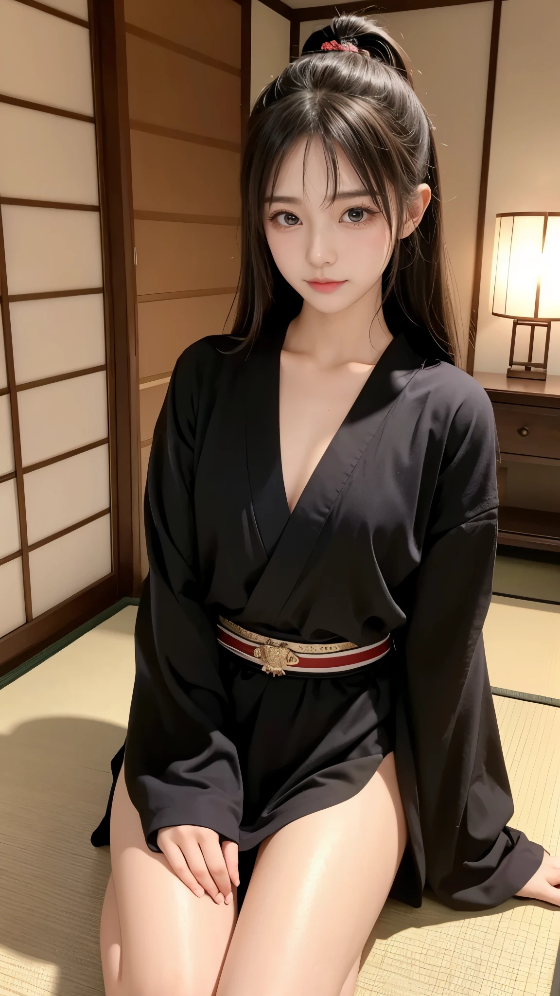 Beautiful Japanese Ninja Girl 、-teete Japanese idol、do not' Doesn't Look Korean 、There are no Korean characteristics 、Unlike the Chinese、 No Chinese character 、 Live Action 、 film art style, Cinematic Light , Lomography 、 short wolf cut hair 、 Athletes、I'm training and I'Meter thin、( sexy smile)、(I can see very small breasts)、 saggy breasts、nsfw、Immerse yourself in a world of lust and lasciviousness、 Very Tight Tiny Tube Tops 、 slender body line、 sexy model pose with legs spread out、 female ninja in quest、Japanese Naginata、autumn leaves、Ninja costumes 、Protected by scaly metal strips 。、 Assassin、( detailed hands:1.3、 perfect right hand:1.2)、 top quality、8k、 RAW photos 、 super high heels、 reality、 Masterpiece、((( Panchira:1.2、Can you lower your clothes and show me your chest:1.3)))