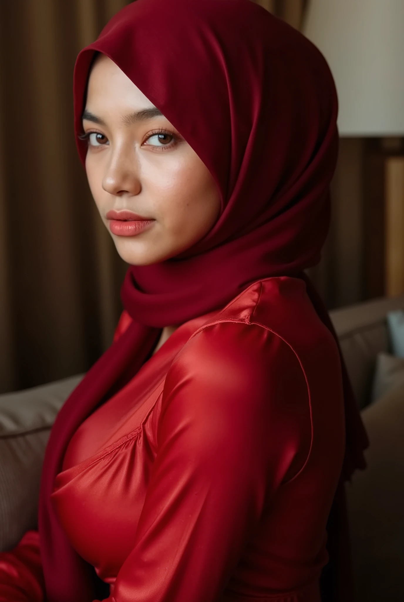 malaysian lady 18 years old, pale face, show breast,((hijab)) wear red hijab, natural, no make up, detailed on face, tight dress, very tight dress, realistic photo, serious face, model, hotel room, full body, big breast, hijab, sitting on sofa, ultra big breast, exotic skin, potrait, low light, dark, face front
