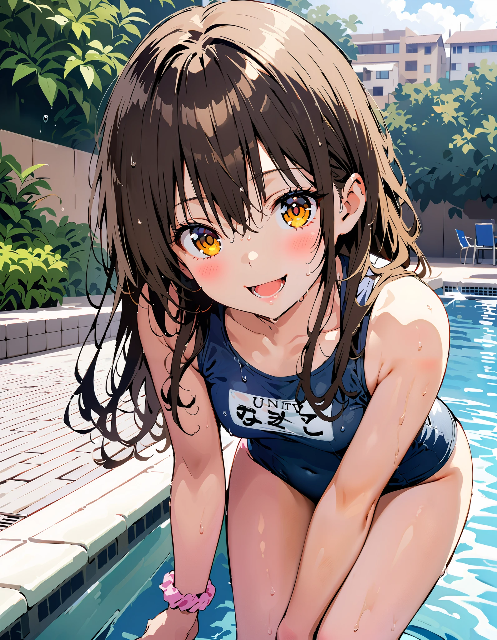 to follow, Yuki mandarin orange, Alone, brown eyes, brown hair, hair scrunchy, long hair, pink scrunchies, scrunchie , smile,blush, open your mouth, long hair, tan, school swimsuit,Bare legs, wet swimsuit , wet skin, wet hair, small tits, standing,whole bodyがイラストに入るように,
break outdoors, pool,
break looking at viewer,whole body,
break ( Masterpiece:1.2), top quality , kampala, Unity 8k Wallpaper,(shape:0.8),( fine, beautiful eyes :1.6),It's a person ,whole body写真,CG Details , ( perfect hands, Complete Anatomy),