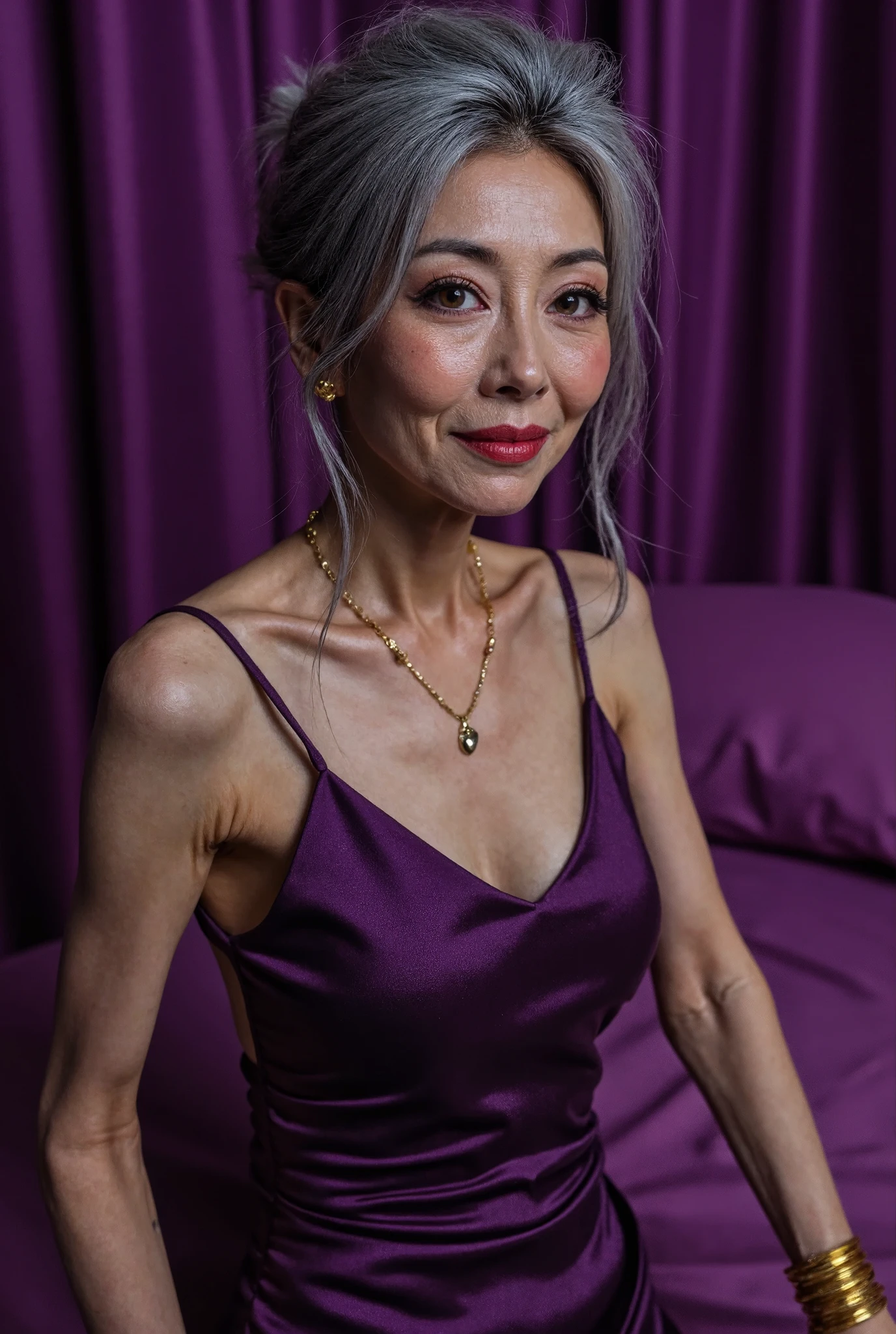 Detail Tweaker LoRA、 photorealistic、 full body image、80 year old Japanese charismatic celebrity old woman、 grandma who forcibly makes her younger、Small wrinkles, freckles, and spots on the skin、Naughty smile、A thin, poor body、super petite body、Irritated skin、Thick makeup with dark purple eyeshadow and thick, thick lipstick around the eyes、Long wave hair with silvery damaged, bulky gray hair turned into a bun、 looking at the camera、It's a dim purple bedroom in the middle of the night inviting me in the bedroom、gold wedding ring 、dark purple satin erotic mini camisole dress、 pin heels、large amount of gold bangles、gold accessories in large quantities、Do your best to create images!You can do it!