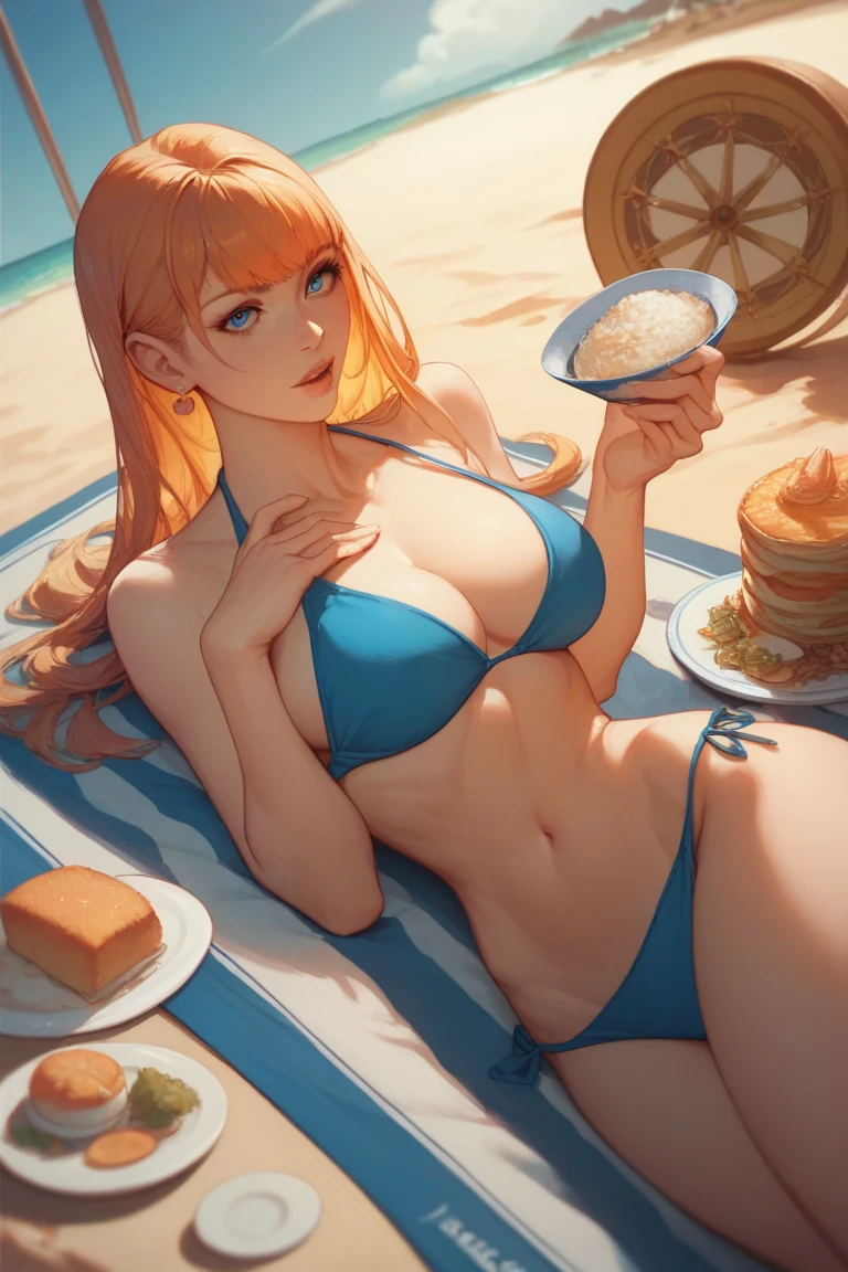((Highest quality)), ((masterpiece)), (detailed), One girl, sexy、Glasses、Blonde、Long Hair、Curly Hair、Thin shirt、Light clothing、steak、barbecue、Ocean、bikini、smile、High contrast、Dazzling Sun、Wet、