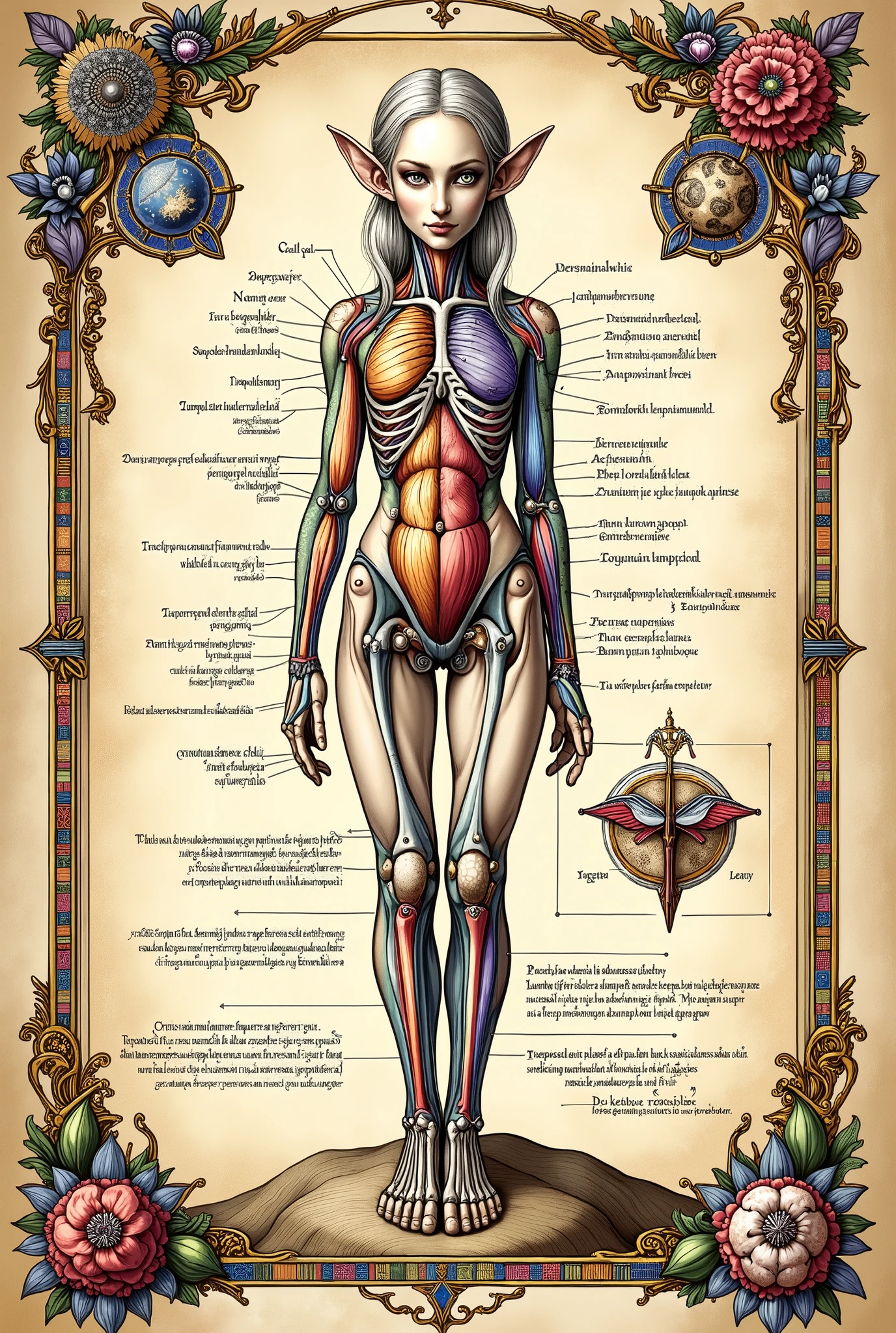 Full length image of a naked girl, Ideal Anatomy, Golden ratio, whole body, drawn on paper,sketch, drawing,old parchment,pencil sketch,Stereoscopic light and shadow,Comprehensive symbols, alchemical signs and formulas, technical data,Annotated Mathematical Formulas, parameter table,
(Detailed instructions for creating a girl with explanations, text on the sides of the image), documentation,Rich and delicate strokes,line accuracy
