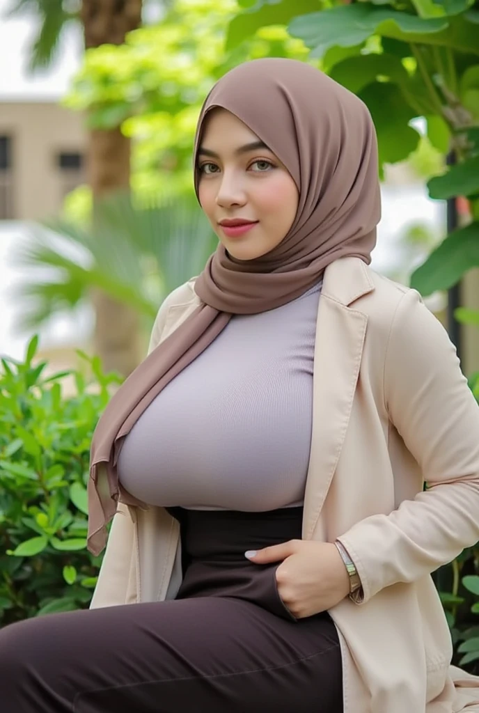 sexy and beautiful chubby woman wearing a hijab, full breasts, wearing a shirt, wearing tight pants, ultra detailed, realistic quality