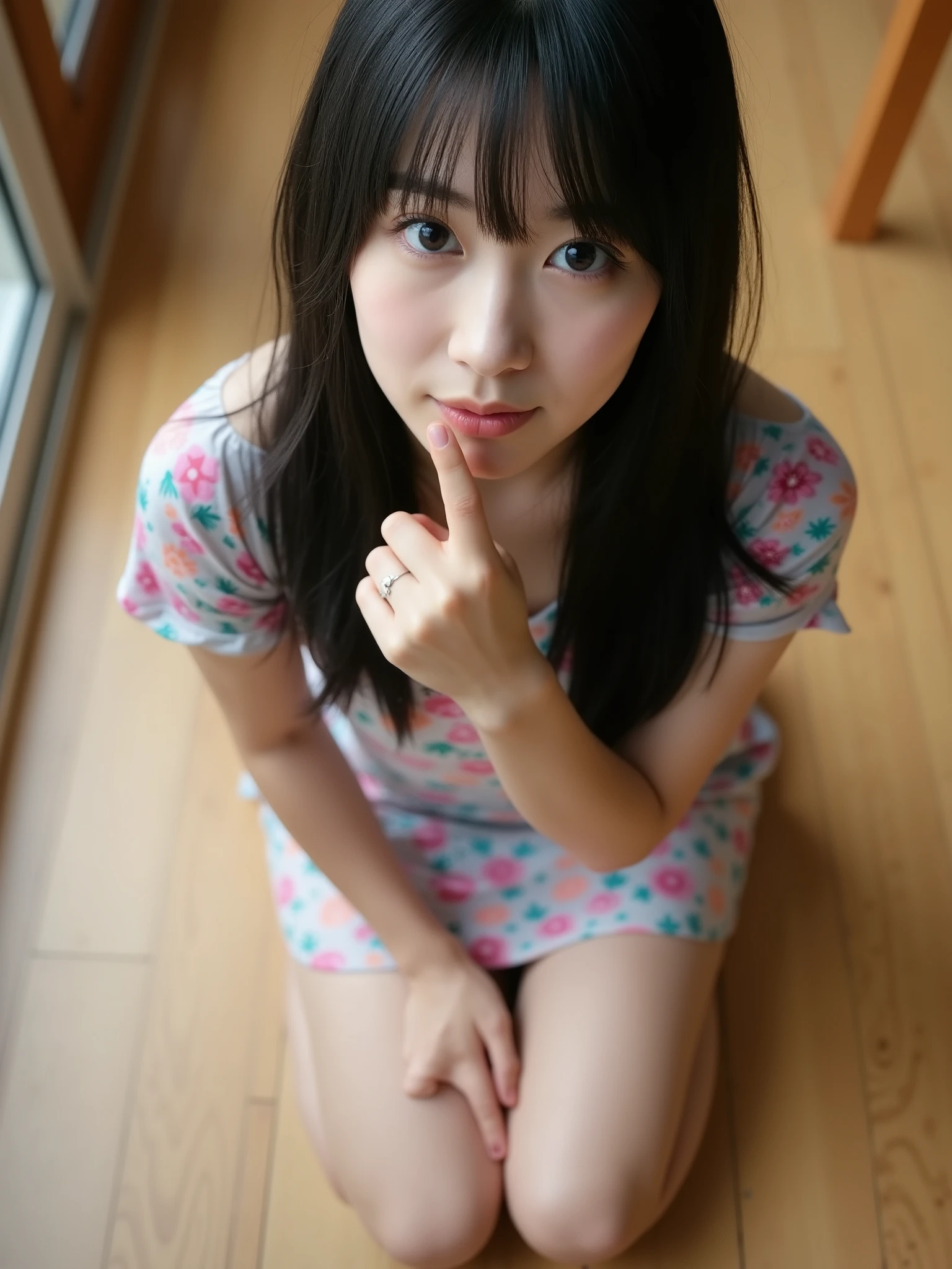 Japanese gravure idol , long black hair, slightly wavy, looking up at us, whip-crack thighs, fingers in her mouth,full body,from above, kneeling down on a floor,tight floral mini dress、