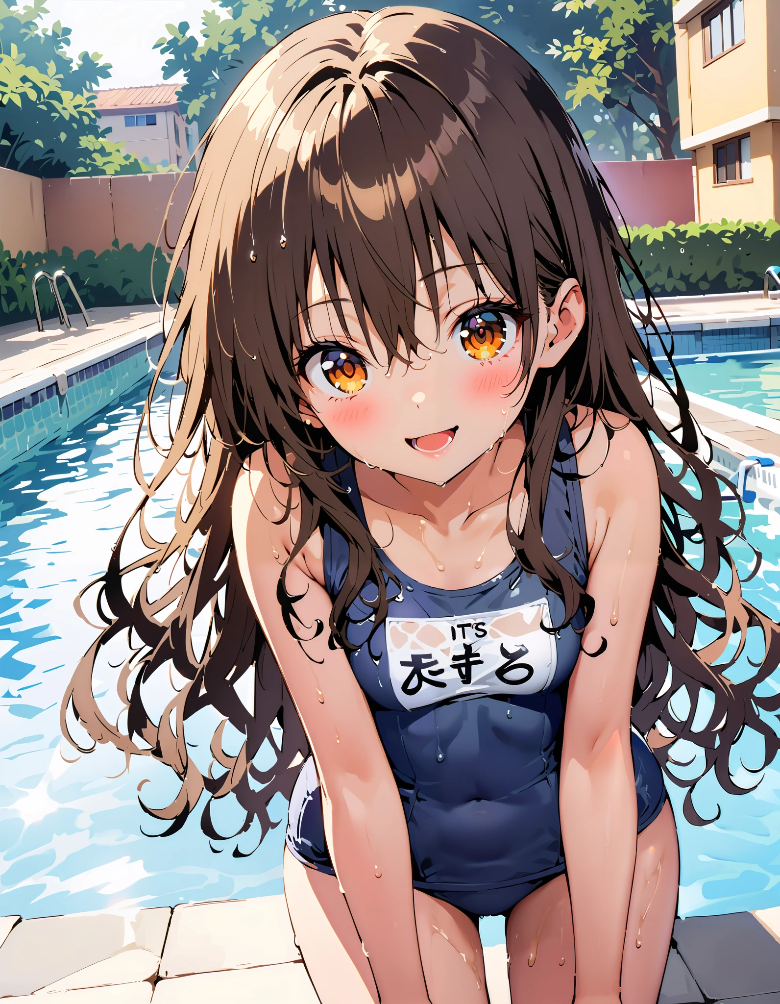 to follow, Yuki mandarin orange, Alone, brown eyes, brown hair, hair scrunchy, long hair, pink scrunchies, scrunchie , smile,blush, open your mouth, long hair, tan, school swimsuit,Bare legs, wet swimsuit , wet skin, wet hair, small tits, standing,whole bodyがイラストに入るように,
break outdoors, pool,
break looking at viewer,whole body,
break ( Masterpiece:1.2), top quality , kampala, Unity 8k Wallpaper,(shape:0.8),( fine, beautiful eyes :1.6),It's a person ,whole body写真,CG Details , ( perfect hands, Complete Anatomy),