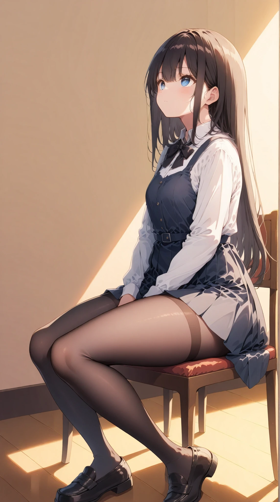 masterpiece、top-quality、best、超A high resolution、intricate-detail、An ultra-fine illustrations、perfect anatomia、Correct anatomy、perfectly proportions、face perfect、perfect hand、perfect leg、perfect fingers、18year old、1人、Full body from head to leg、full bodyesbian、Facing the front、small tits、Composition from below、M-shaped legs、Panchira、Sitting on the floor with bent knees and legs open、Front-facing、Lower body facing forward、Slender feet、Slender thighs、Slim toes、Panchira、Full body portrait、brown haired、Longhaire、Medium long haircut、red blush、slightly open mouth、The pure white bra is visible.、Black_stockings、black transparent stockings、Black stockings、Black pantyhose、Black lace pantyhose、black lence stockings、Black sheer pantyhose、Black transparent pantyhose、No shoes、No shoes on、Pure white panties under black stockings、Pure white underwear、Pure white panties、Underwear、Japanese high school students、Blazer Uniform、Bedrooms、inside the house、during daytime、(small tits)、((full bodyesbian))、masterpiece、(top-quality)