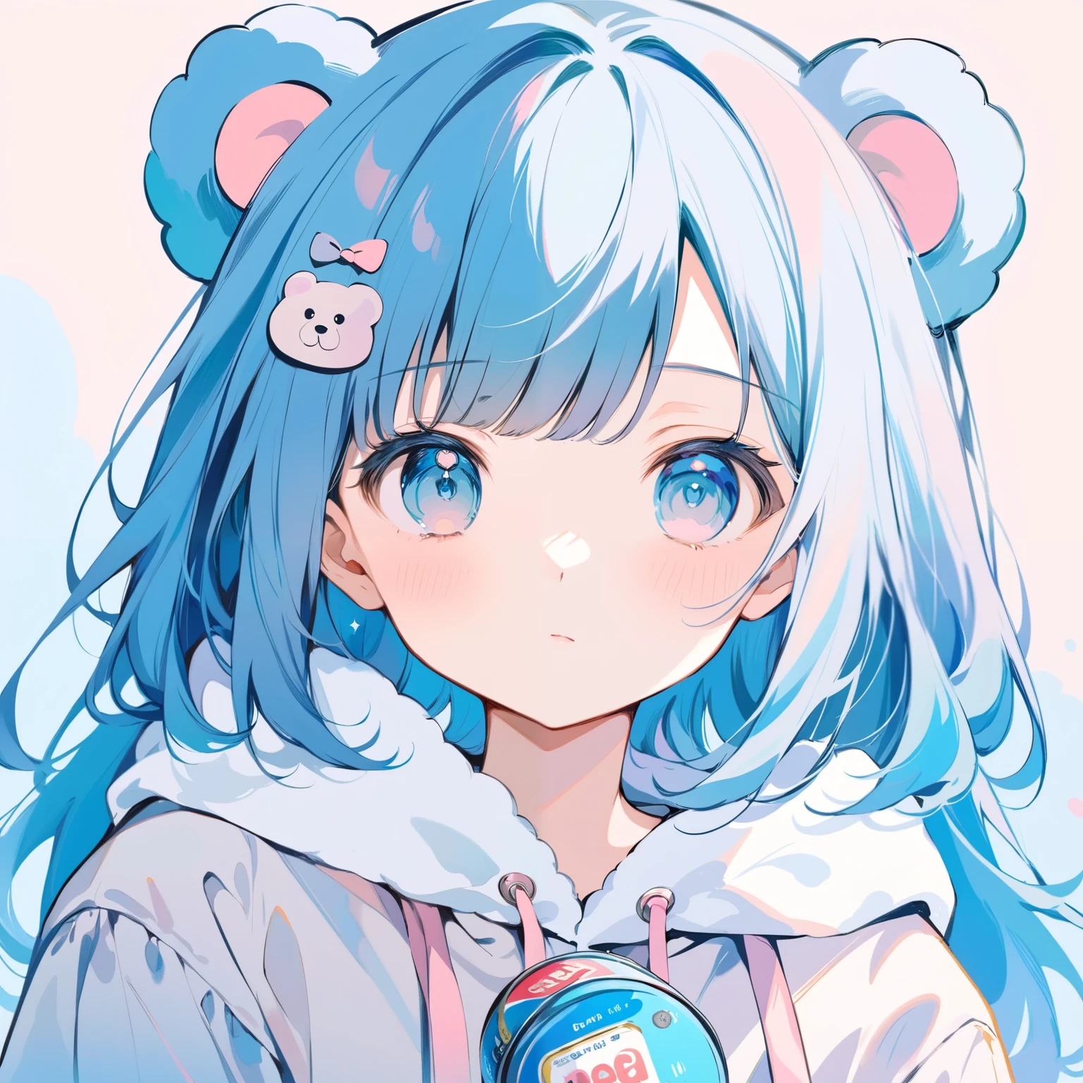 one girl, long hair, pastel color, portraits, medium breasts, simple background, (watercolor:0.5)、 wide angle shot , blue bob cut hand drawn cartoon girl with melancholy atmosphere, blue sky, bear ear hood , can badge decoration , white bear hoodie