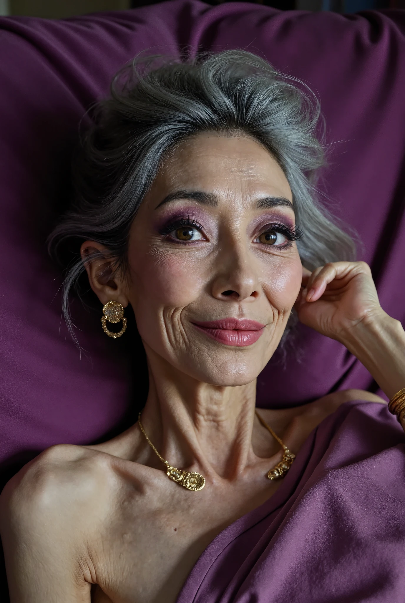 Detail Tweaker LoRA、 photorealistic、 full body image、80 year old Japanese charismatic celebrity old woman、 grandma who forcibly makes her younger、Small wrinkles, freckles, and spots on the skin、Naughty smile、A thin, poor body、super petite body、Irritated skin、Thick makeup with dark purple eyeshadow and thick, thick lipstick around the eyes、Long wave hair with silvery damaged, bulky gray hair turned into a bun、 looking at the camera、 completely naked、I'm lying down in my bedroom inviting me in my bedroom in the dim purple bedroom、gold wedding ring 、large amount of gold bangles、gold accessories in large quantities、Do your best to create images!You can do it!