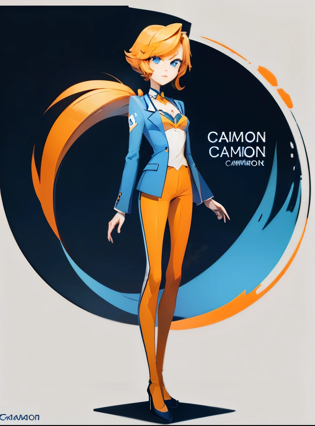 An animated female character name Cameron with short, orange hair. Cameron is dressed in a blue suit with a white emblem on the chest. Full body view. Standing, drawing by vivziepop, 
