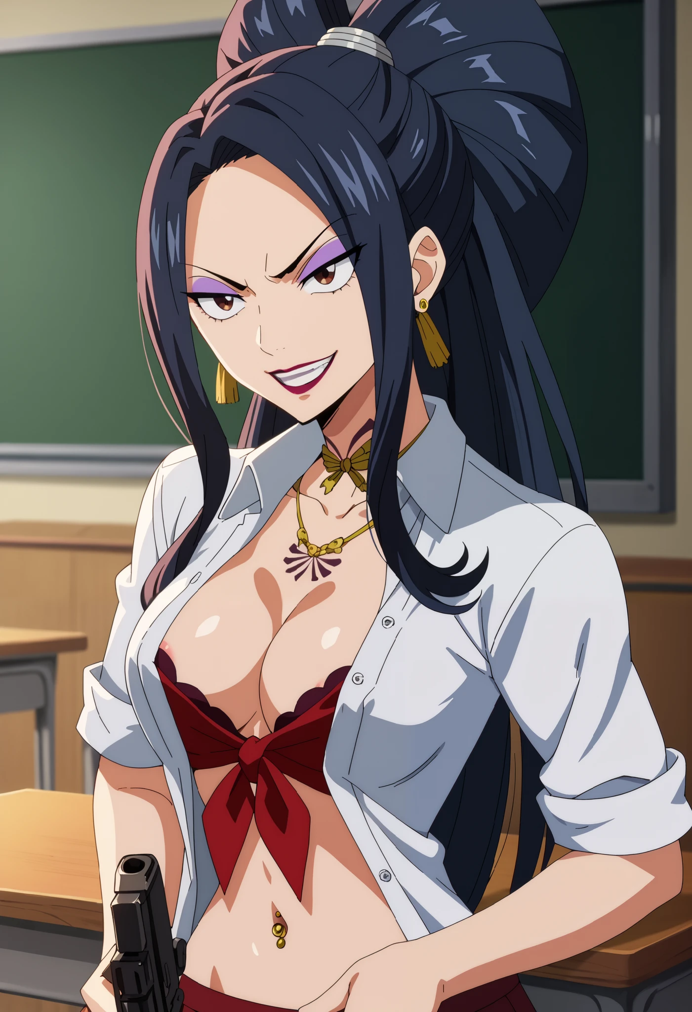 score_6_up, score_5_up, score_4_up, score_9, score_8_up, score_7_up, highly detailed, anime_source, anime_screencap, anime coloring, 1girl, solo, medium breasts, black hair, long hair, straight hair, brown eyes, jewelry, makeup, lipstick, eyeshadow, kurenai_kogetsu, , ear piercing, long hair, serious, lipstick,Hot girl, baddie, , sensual, attractive ,masterpiece, best quality, ((unbuttoned school uniform, cleavage, necklace, earrings, sexy
body,nipple slip, breasts)) , micro skirt, smiling, navel , exposed belly, exposed navel,
(nsfw) not safe for work,school, classroom , hold a gun,knot, holding pistol,navel piercing ,evil smile, smile, open mouth, dragon tattoo, narrowed eyes, tattoo midriff,