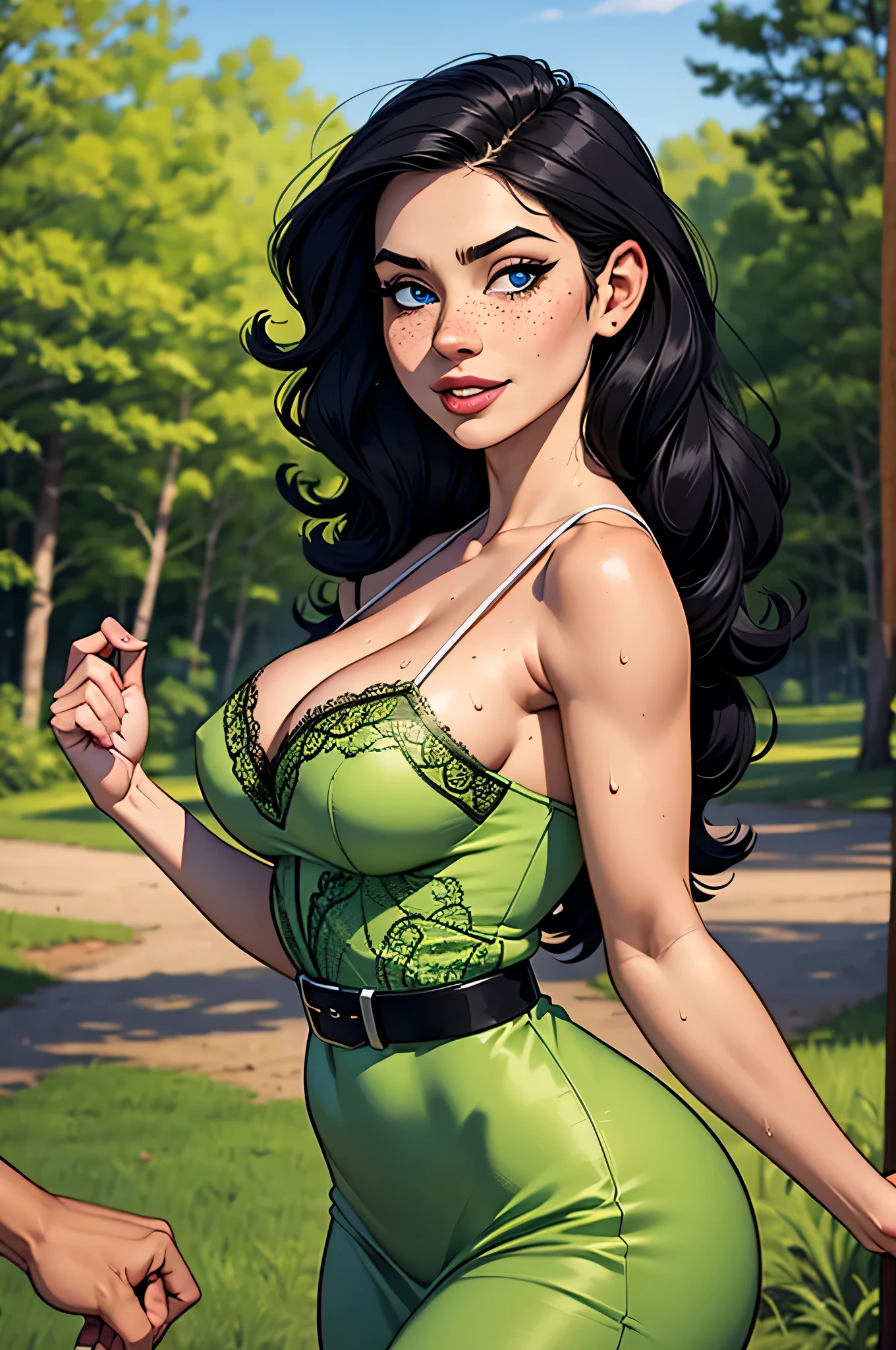 Beautiful 24 yo woman of Irish descent. athletic figure,(pale:1.4)complexion. raven black hair, green eyes, cute butt, nice legs. Kind eyes,(joy:1.3),(smile:1.3). Red lipstick, Flirty. (green dress), ((beige color, RealPantyhose)), high heels, belt, necklace. Bartender.
(masterpiece), best quality, expressive eyes, perfect face.(highly detailed:1.2),(detailed face and eyes:1.2), 8k wallpaper, natural lighting. core shadows, high contrast, bokeh.